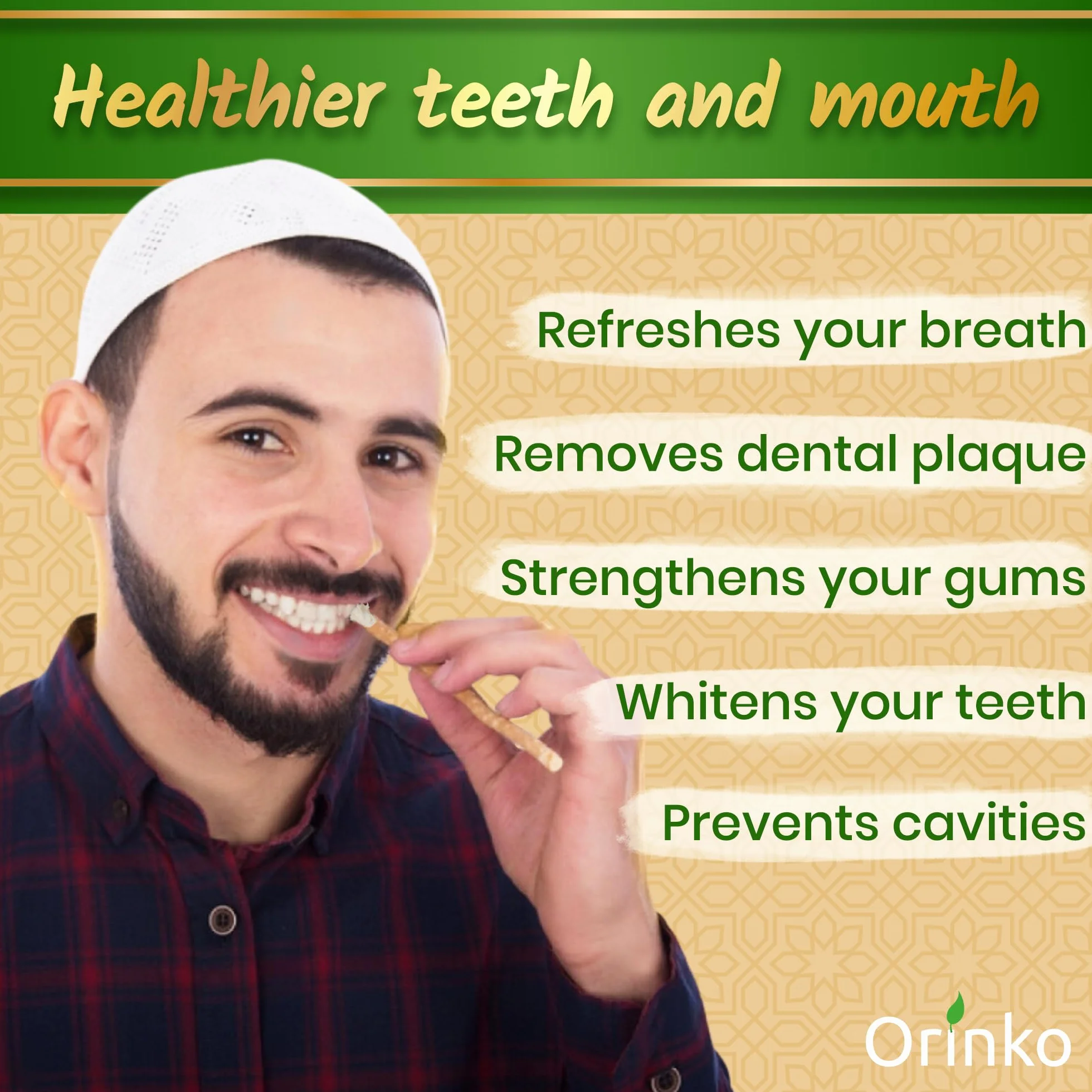 Orinko Zestaw 6 Patyczków Miswak - 100% Naturalne Szczoteczki do Zębów - Czyszczą, Dezynfekują i Wybielają - Ekologiczne, Biodegradowalne i Wegańskie - Dodatkowy E-book