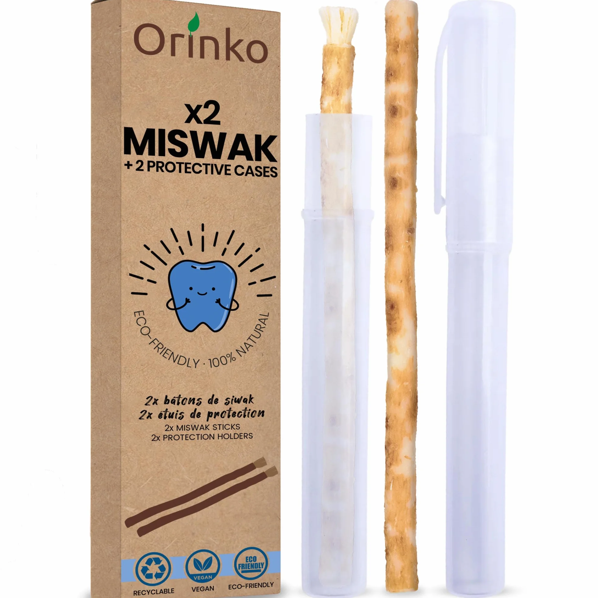 Siwak x2 z etui ochronnym kij Miswak 100% naturalne drewno Araq (Salvadora Persica) Ekologiczny środek czyszczący, dezynfekujący i wybielający, biodegradowalny i wegański