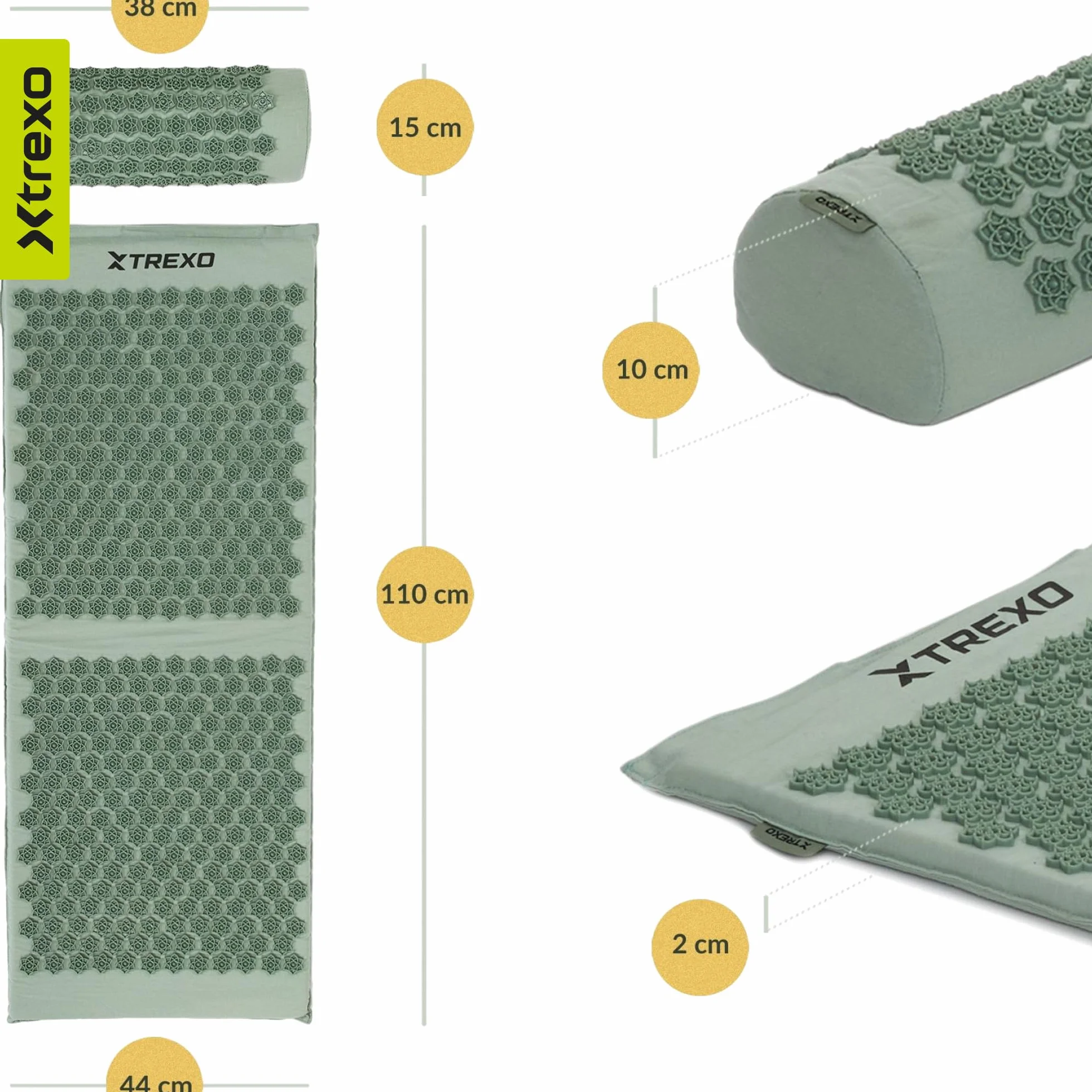 XTREXO Duża mata do akupresury z poduszką w kolorze zielonym 110 x 44 x 2 cm z poduszką 38 x 15 cm łącznie z poszewką z bawełny i gąbki 18D, odporna na ścieranie kolce z PCW, łagodzi napięcie mięśni