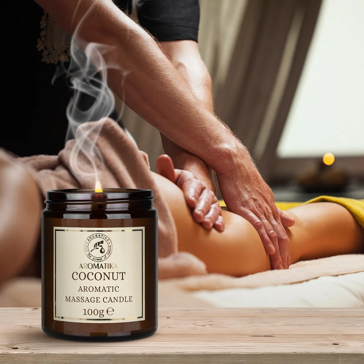 Świeca do masażu Coco 100 g - świeca sojowa - mieszanka olejków kokosowych i migdałowych i monoi z Tahiti - relaksujący masaż, uspokajający, aromatyczny