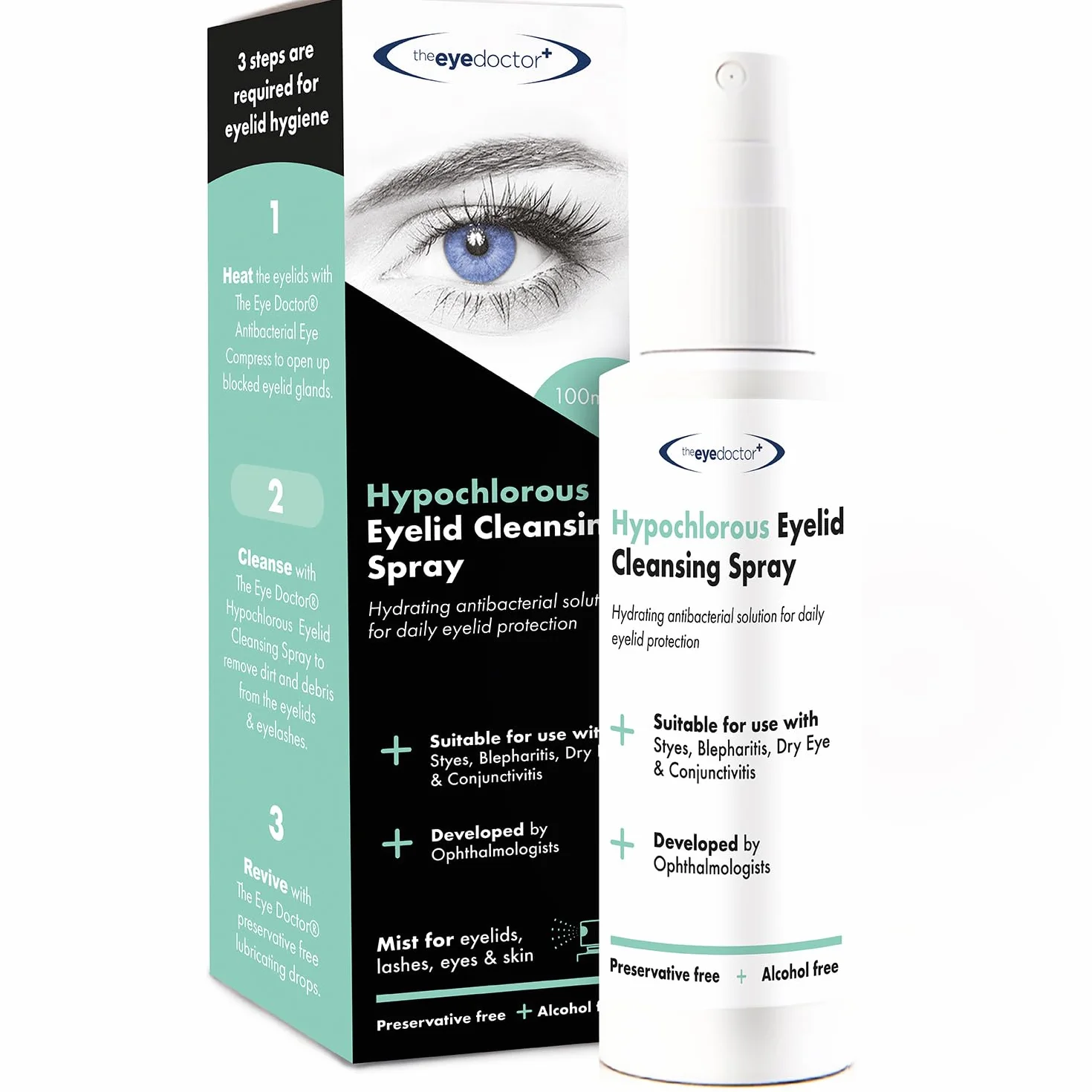 The Eye Doctor Hipochlorous Spray do oczyszczania powiek – hipoalergiczny spray do oczu o właściwościach antybakteryjnych do suchych oczu, zapalenia powiek i MGD, konserwujący i bezalkoholowy, przyjazny dla soczewek kontaktowych, 100 ml