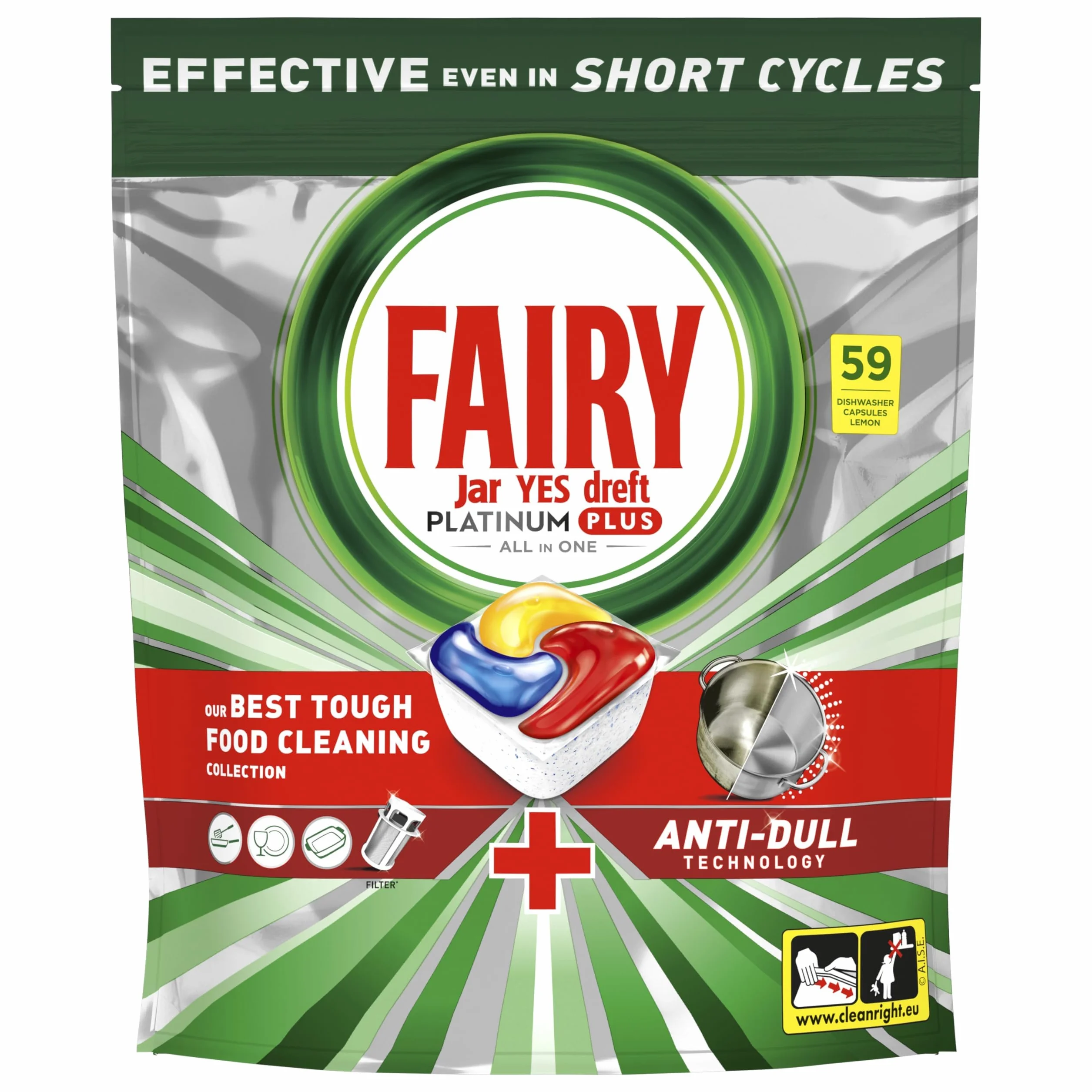 Fairy Platinum Plus 59 Tabletki do zmywarek, cytryna, nasze najlepsze czyszczenie do czyszczenia jak nowe, usuwa otępienie i zapobiega osadzaniu się kamienia