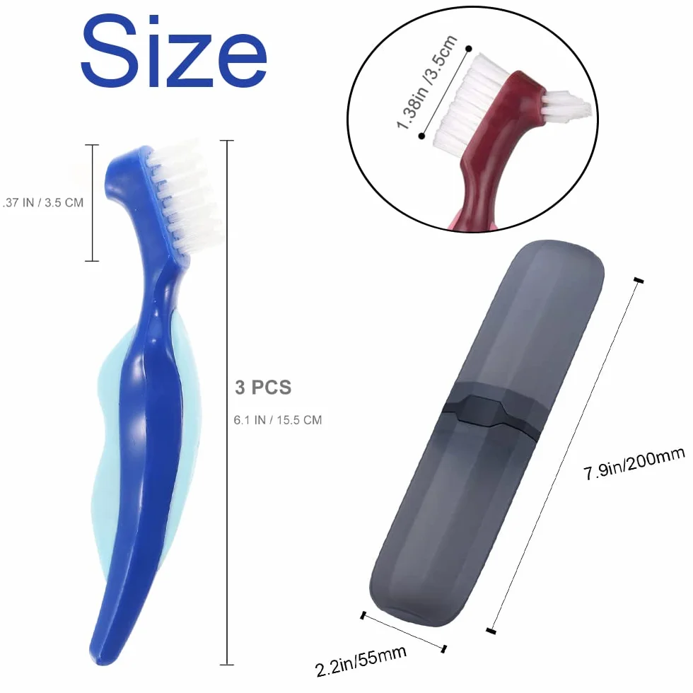 3 sztuki twardych szczoteczek do protez, szczotka do pielęgnacji jamy ustnej, twarda szczotka do protez, podwójna szczotka do protez, z przenośną torbą do noszenia, wielowarstwowa szczotka do protez do pielęgnacji protez