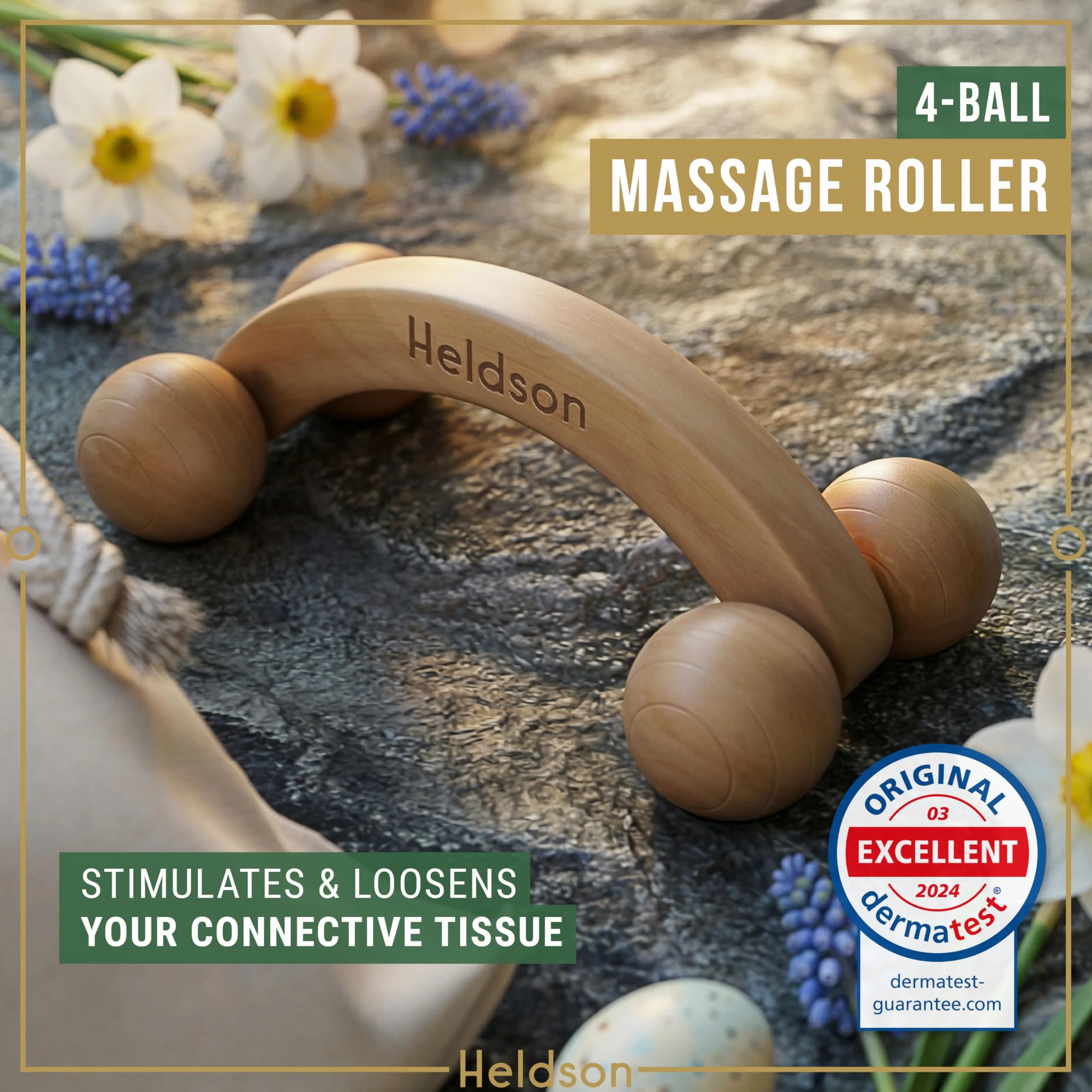 HELDSON® Zestaw do masażu drewna 6 części FSC®100% – narzędzia do masażu stóp, głowy, wałek do masażu