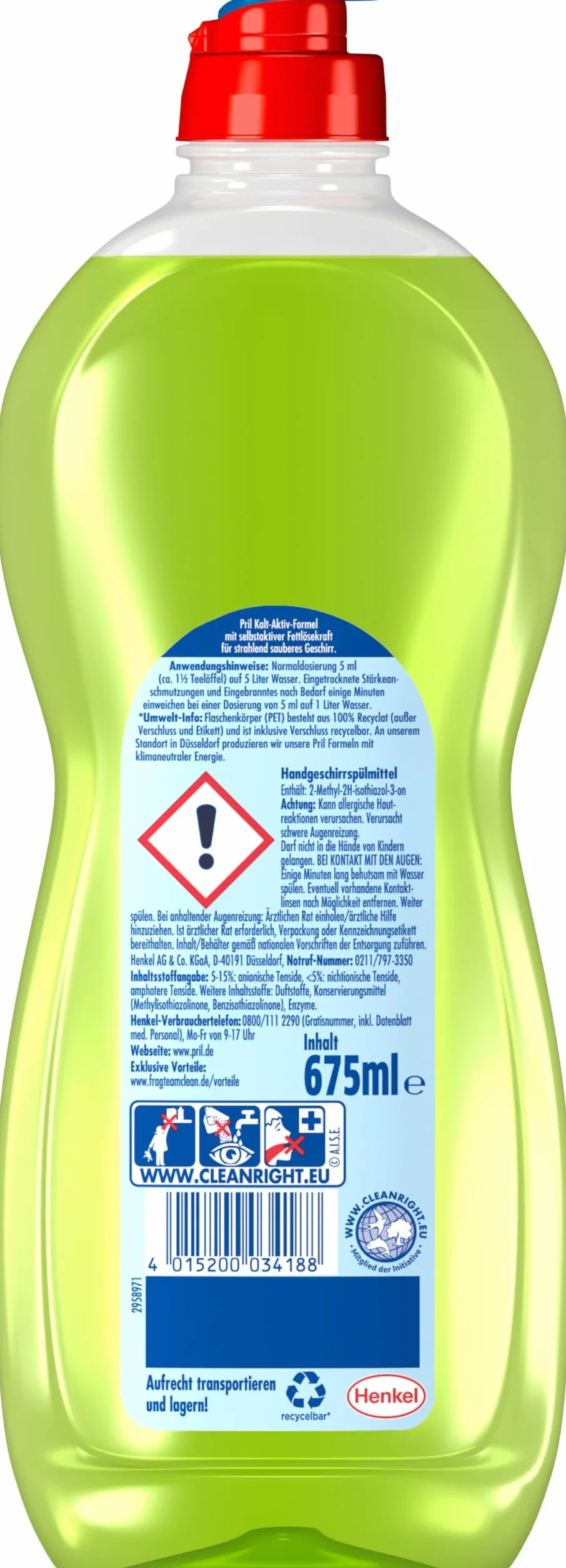 PRIL Oryginalna limonka (4 x 675 ml), płyn do ręcznego mycia naczyń o najwyższej mocy rozpuszczania tłuszczu, do czystych naczyń, również w zimnej wodzie, świeży zapach limonki