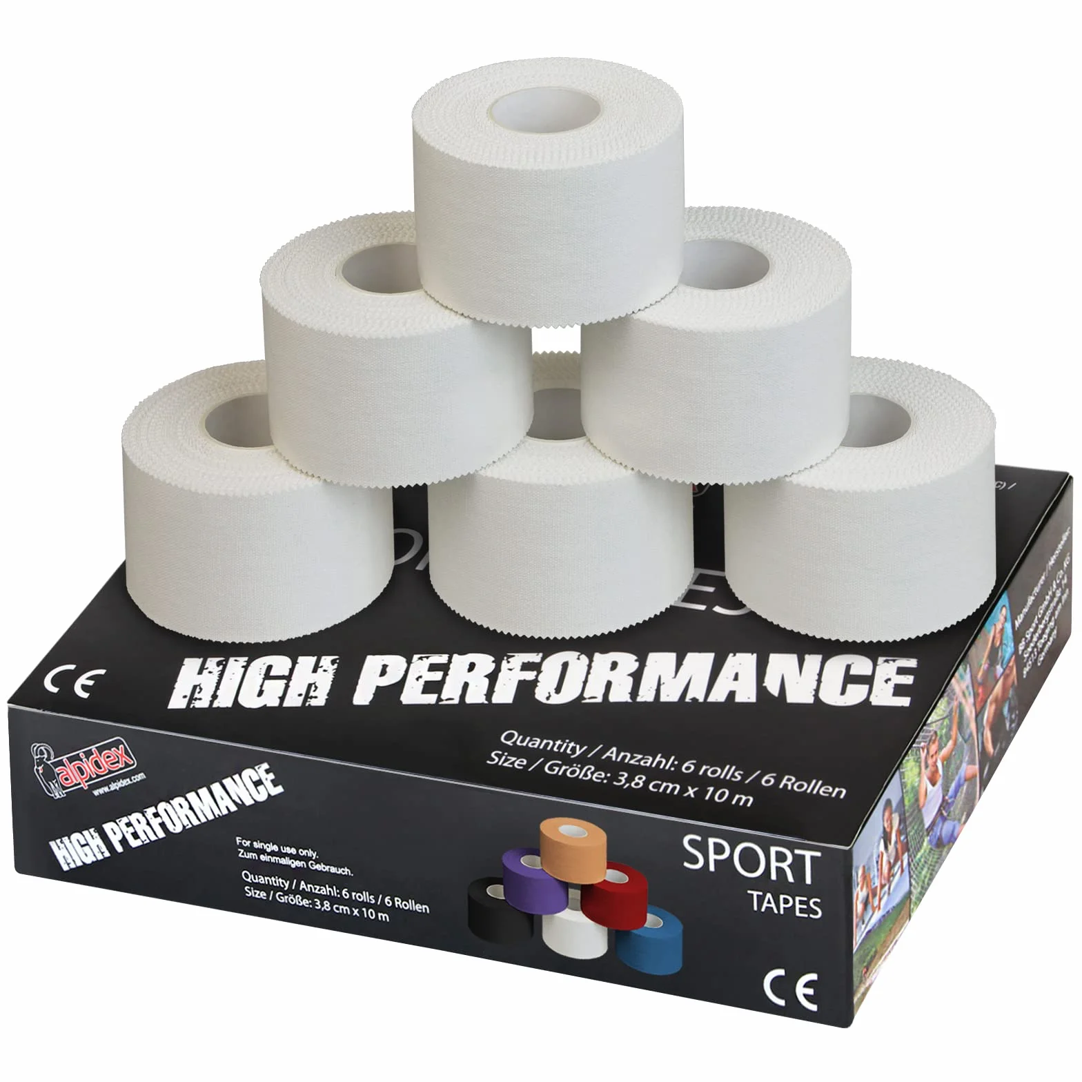 ALPIDEX Taśma Sportowa Sztywna 6 Sztuk 3,8 cm x 10 m Sport Tape Taśma Klejąca Biała Zestaw Rolek Taśmy Sportowej