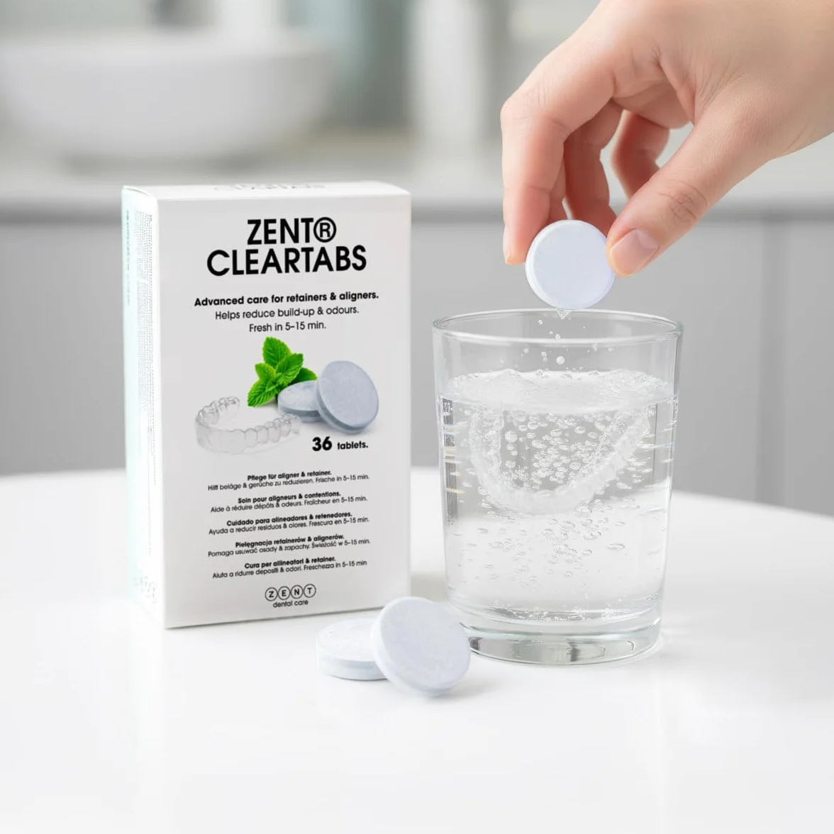 ZENT ClearTabs Tabletki do czyszczenia i odświeżania alignerów, retainerów i protez - Świetne do myjek ultradźwiękowych - Odświeżający aromat mięty - Pakowane indywidualnie, 36 sztuk