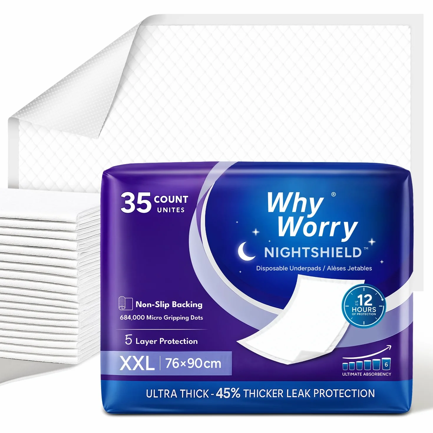WhyWorry NightShield Podkładki na łóżko dla dorosłych z antypoślizgowym uchwytem, 76 cm x 91 cm, bardzo duże podkładki dla kobiet i mężczyzn, wodoodporne, jednorazowe podkładki, kontrola zapachu