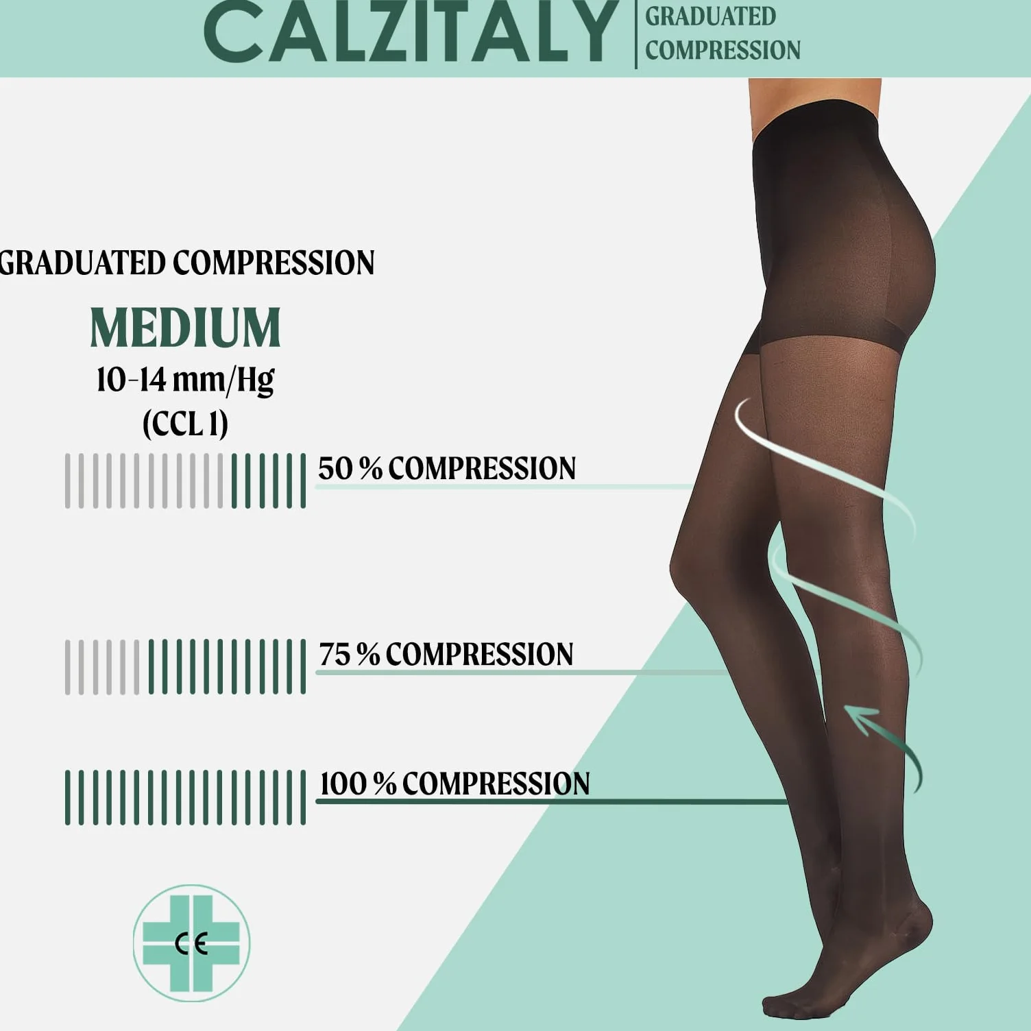 CALZITALY Damskie rajstopy medyczne kompresyjne 70 Den 10-14 Mmhg czarne XXL