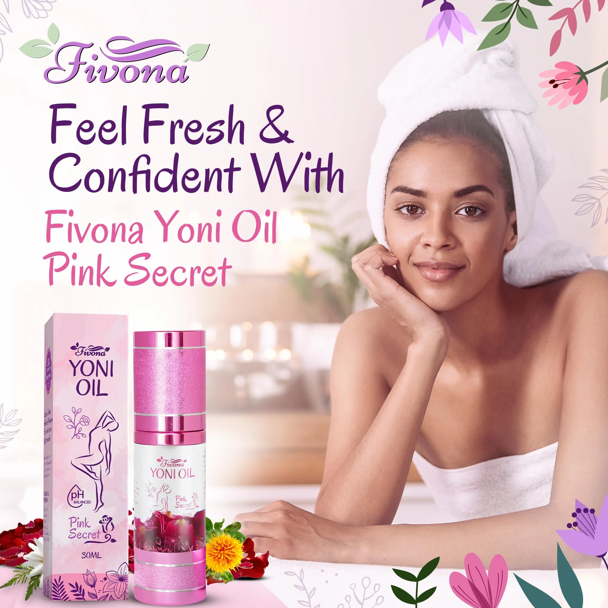 FIVONA Yoni Oil Pink Secret for Natural Soothing Feminine Care – mieszanka olejków eterycznych – mieszanka olejków nawilżających do kontrolowania Odora, detoksykacji i równowagi pH 30 ml