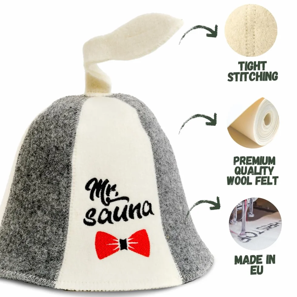 Sauna Guru Kapelusz do sauny "Mr Sauna" biały - 100% wełna organiczna filcowe kapelusze dla rosyjskiej banyi - chroń swoją głowę przed ciepłem - angielska sauna eBook Guide w zestawie - z