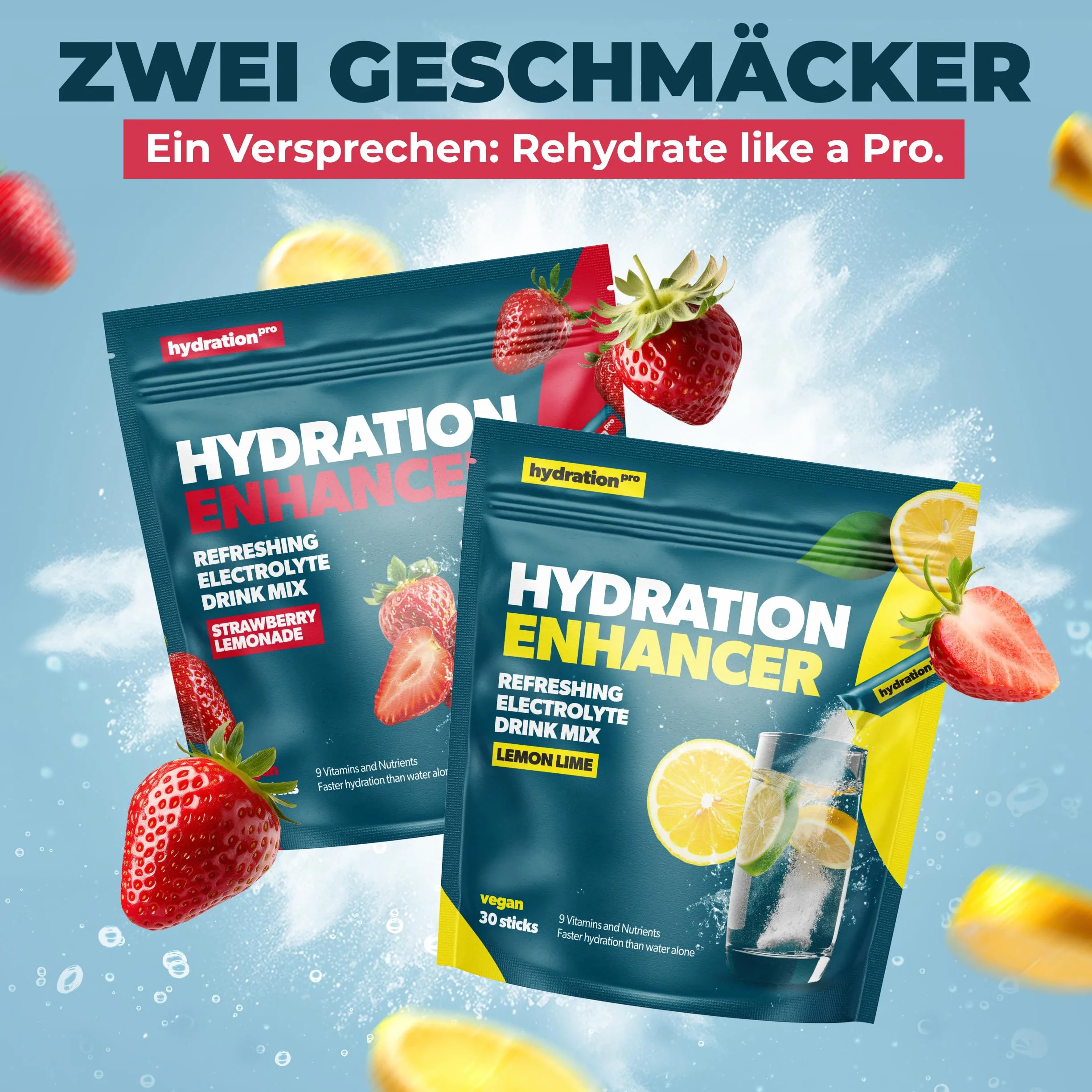 Proszek elektrolitowy 30 saszetek z witaminami, Elektrolity wegański, smak truskawkowy HydrationPro®