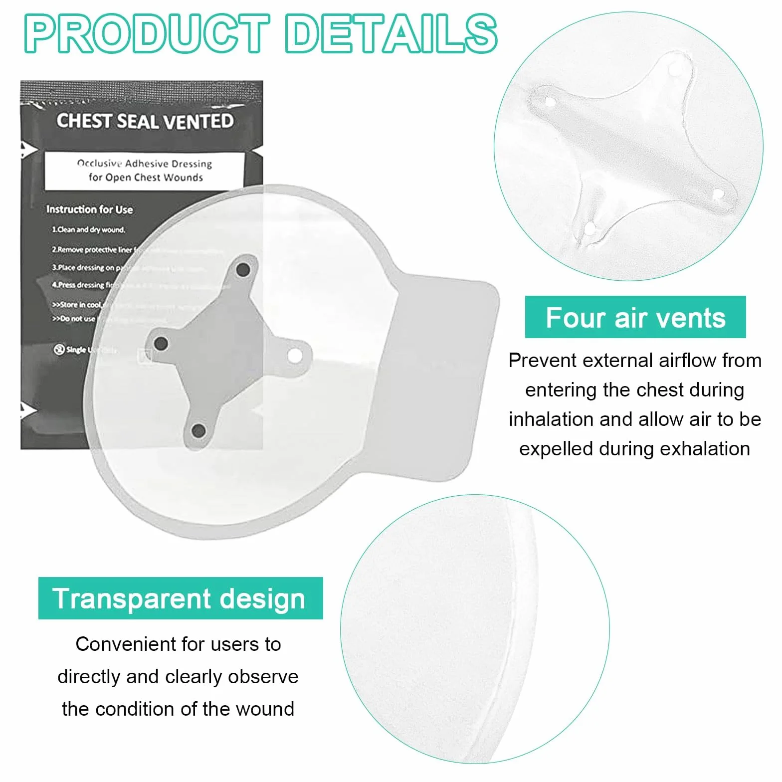 4 sztuki Vented Chest Seal Hydrożel do otwartych ran klatki piersiowej, z 4-kanałowymi otworami wentylacyjnymi, awaryjne uszczelnienie klatki piersiowej do opatrunków urazowych