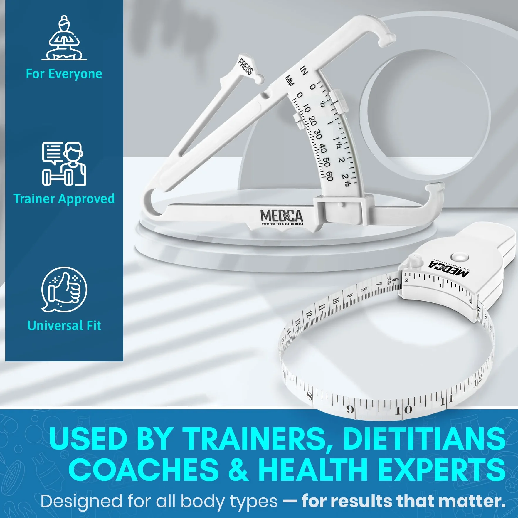 Body Fat Caliper and Measuring Tape for Accurately Measuring BMI Skin Fold Fitness (White)