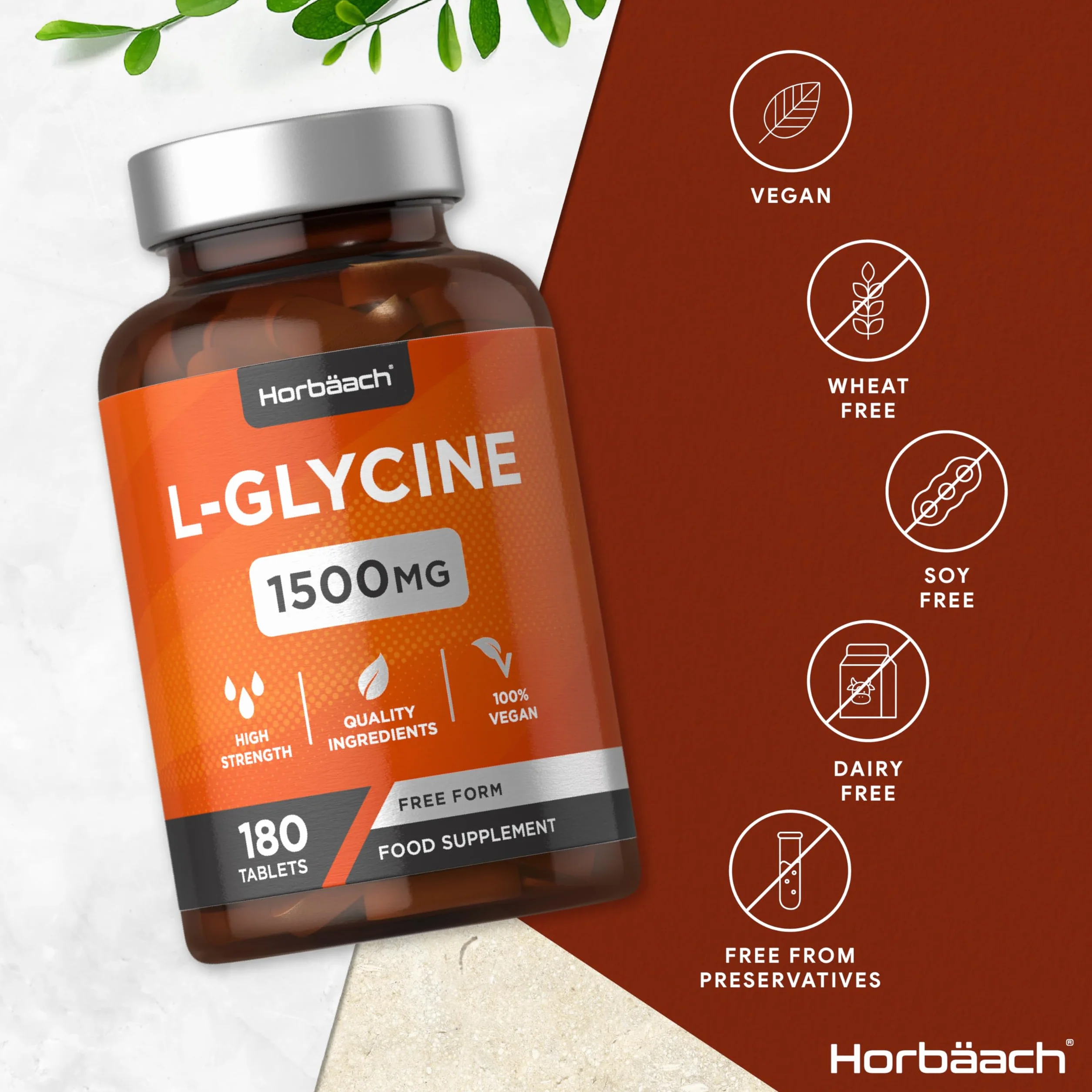 L-Glicyna 1500 mg | Wysokiej Mocy Aminokwas | 180 Tabletek | 100% Wegański Suplement Diety | marki Horbaach