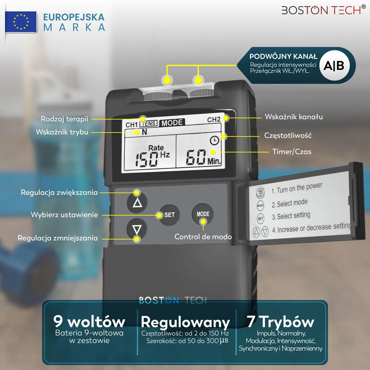 Boston Tech Me 89 Plus.TENS EMS 2-kanałowy cyfrowy stymulator mięśni. 7 programowalnych trybów. Zawiera 4 elektrody. Szybkie i skuteczne łagodzenie bólu. Ochrona przed upadkiem