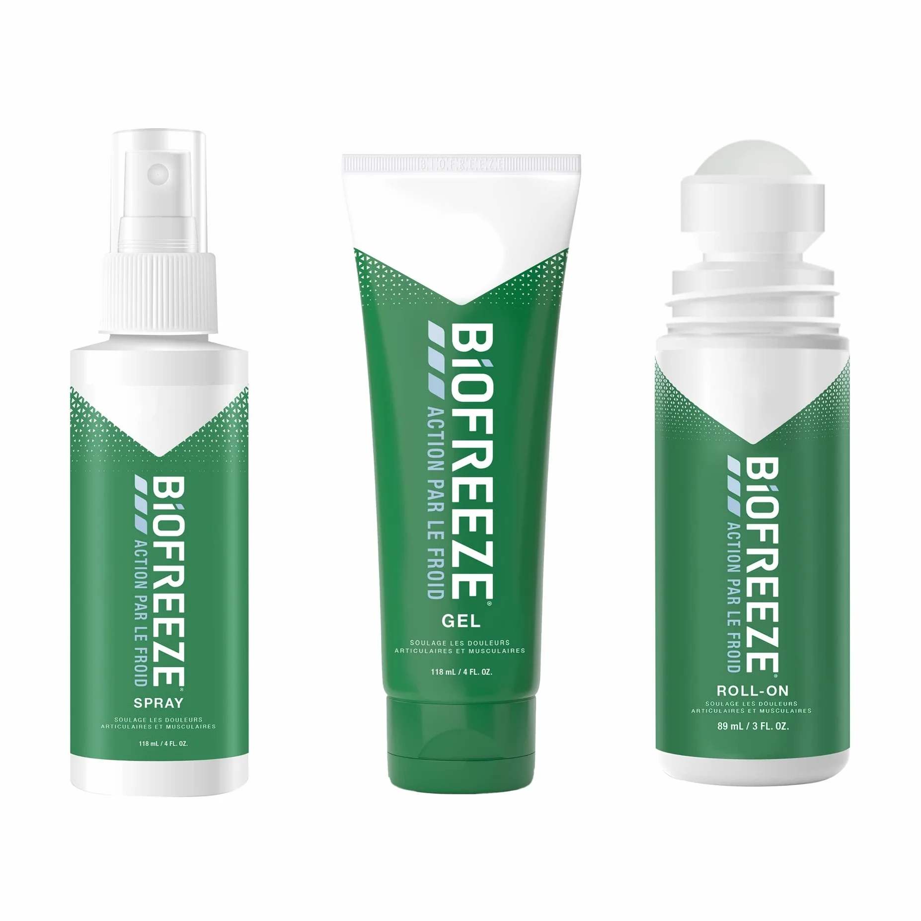 Biofreeze Zestaw 1 rolek 89 ml, 1 spray 118 ml i 1 tubka 118 ml, działanie na zimno, łagodzi bóle mięśni i stawów