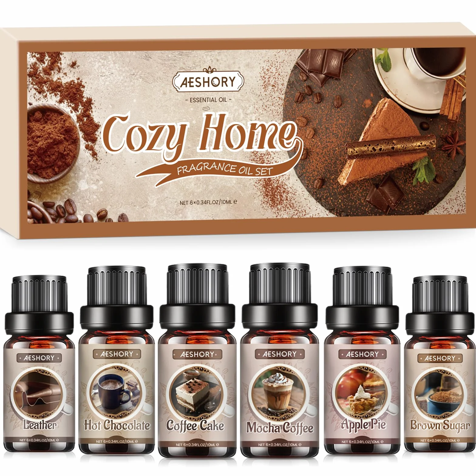 AESHORY Zestaw Olejków Eterycznych Cozy Home 6 X 10 Ml, Olejki Zapachowe Do Aromaterapii Do Dyfuzora, Do Wyrobu Świec - Brązowy Cukier, Szarlotka, Ciasto Kawowe, Kawa Mokka, Gorąca Czekolada, Skóra