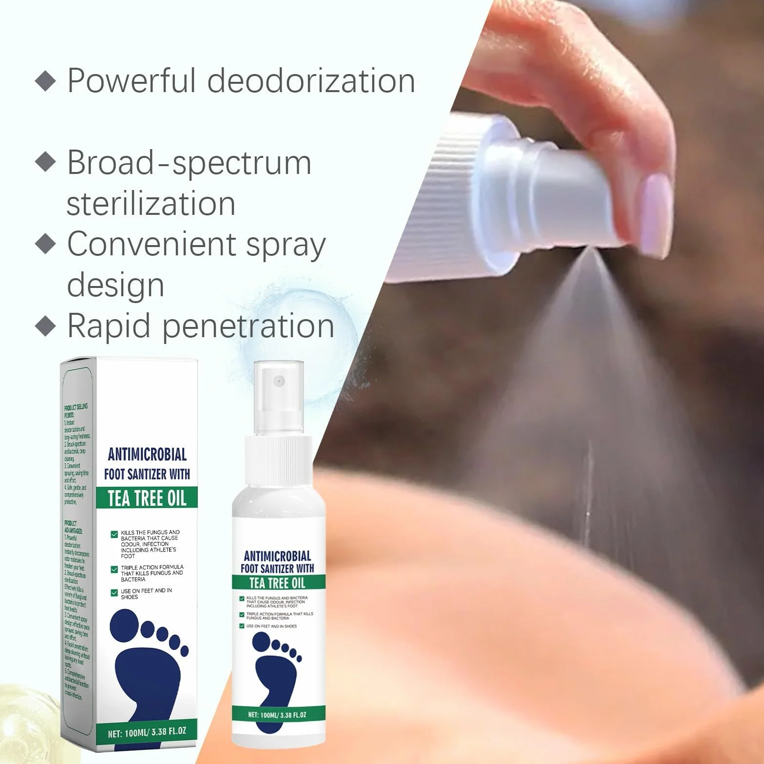 2 szt. Olejek do pielęgnacji stóp do herbaty, naturalny olejek z drzewa herbacianego i aloesowy spray do stóp, serum do pielęgnacji stóp i paznokci, szybkie suszenie i przyjazne dla podróży