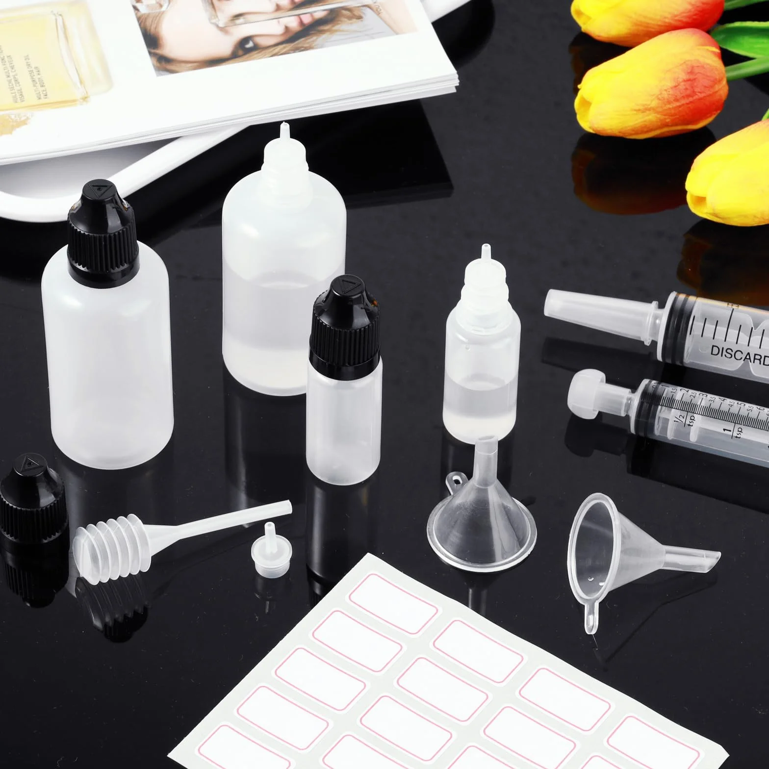 25 sztuk butelek z zakraplaczem, 50 ml, plastikowe butelki z pokrywką z zabezpieczeniem przed dziećmi, gratis lejek, etykiety, plastikowa strzykawka, miarka, pipeta