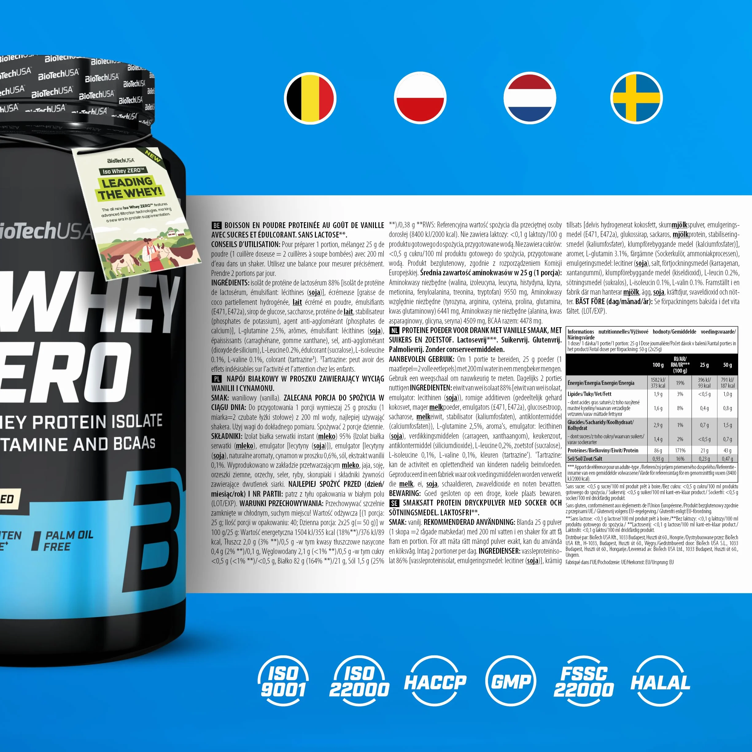 BioTechUSA Iso Whey Zero Premium Whey Protein Isolate Grass-Fed Sugar-Free Gluten-Free 908 g Wanilia