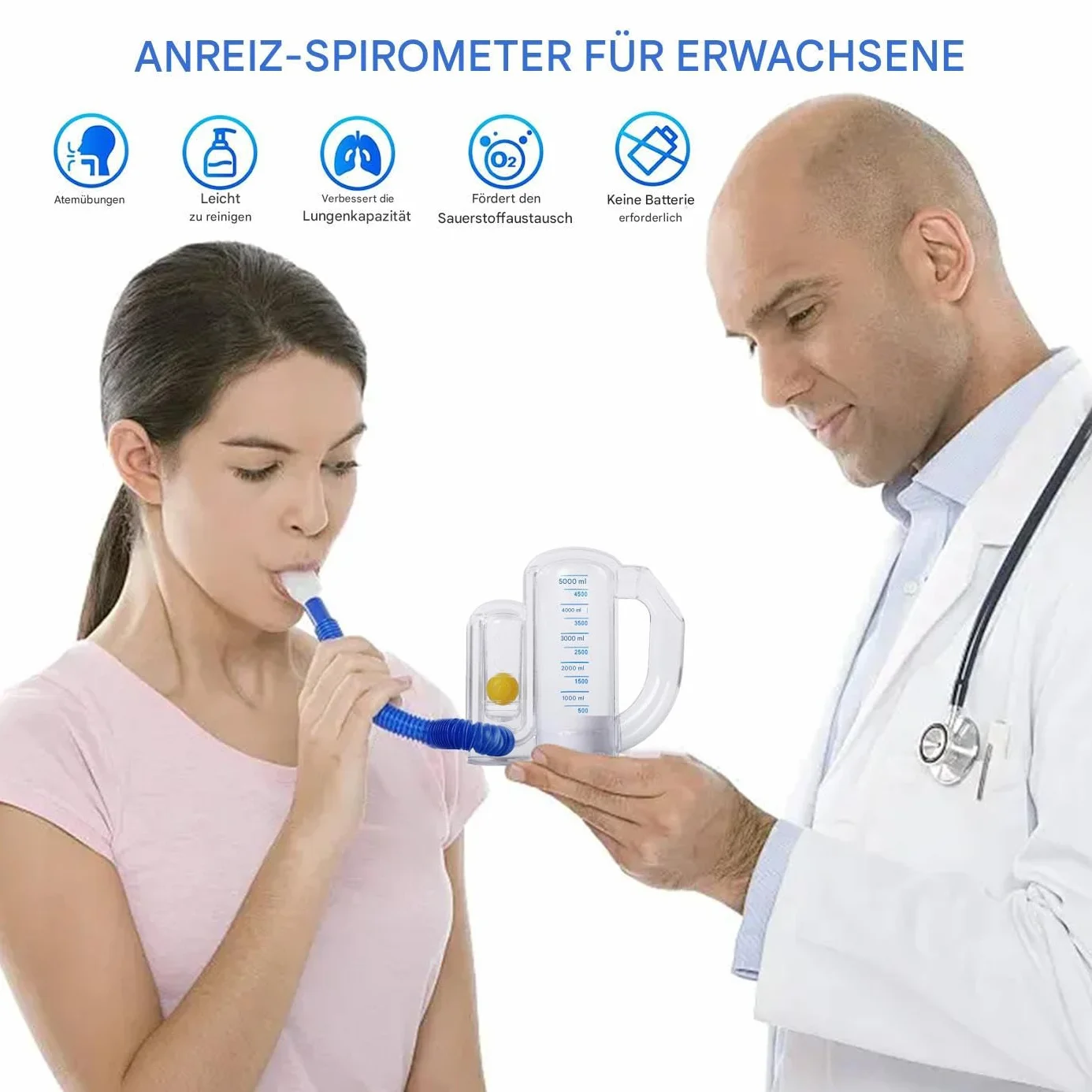 Incentive Spirometer Adult, trener płuc ze wskaźnikiem przepływu powietrza, 5000 ml, trenażer oddychania dla mężczyzn, kobiet, seniorów, przenośny przyrząd do oddechu, domowa rekonwalescencja, 19 x 15