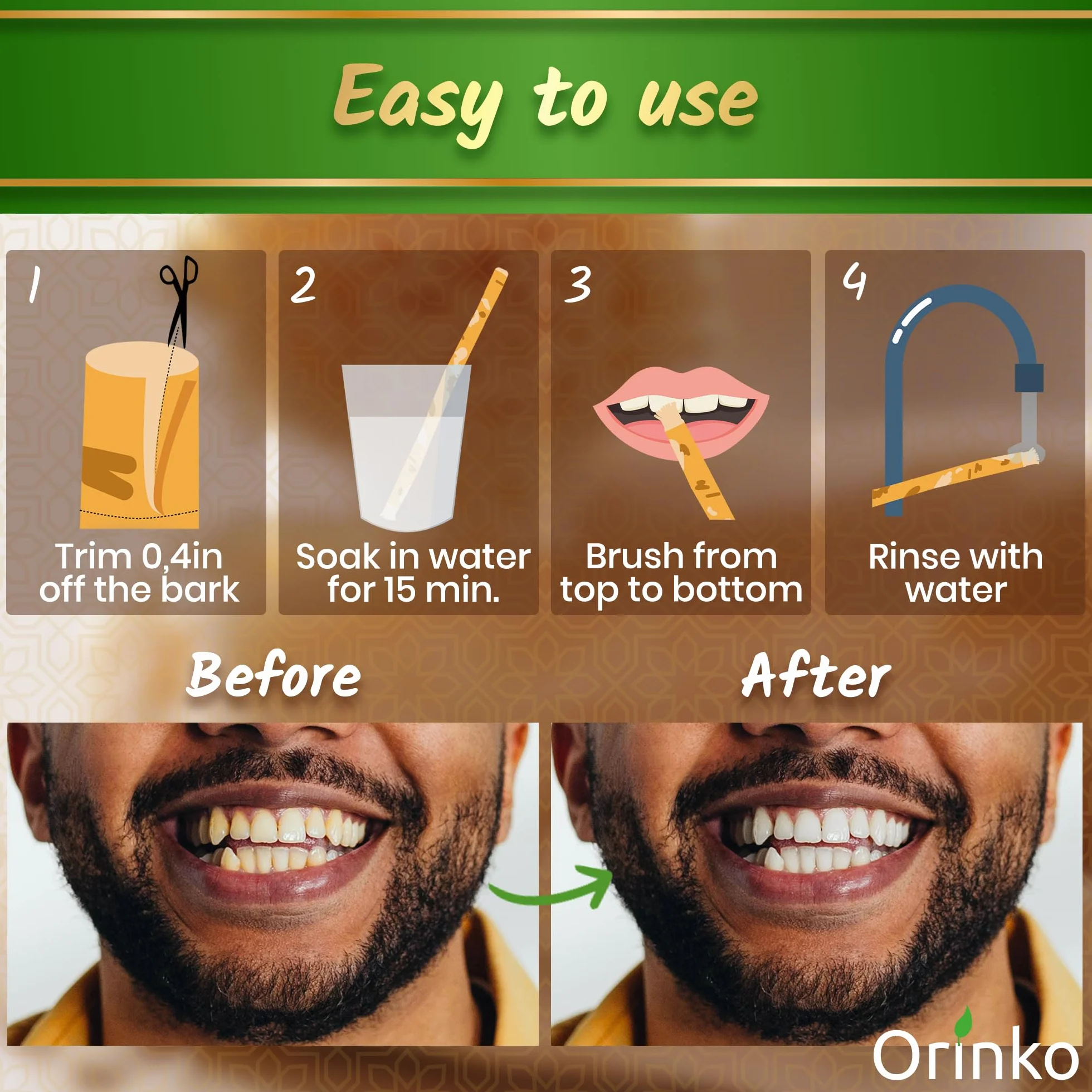Orinko Zestaw 6 Patyczków Miswak - 100% Naturalne Szczoteczki do Zębów - Czyszczą, Dezynfekują i Wybielają - Ekologiczne, Biodegradowalne i Wegańskie - Dodatkowy E-book