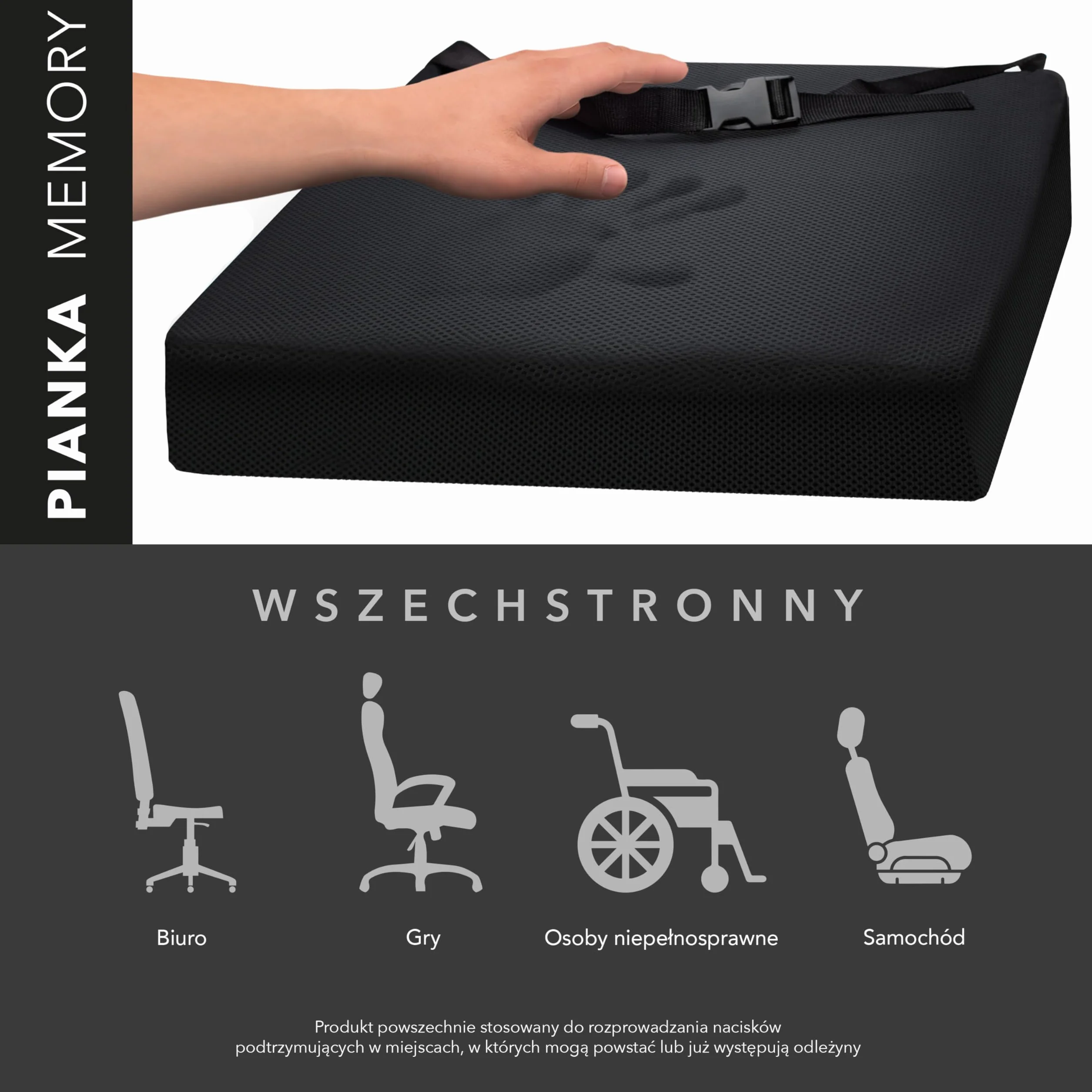 AIESI® Poduszka Przeciwodleżynowy do wózków inwalidzkich i siedzisk (cm 44x44x5h) z pianki poliuretanowej z wkładką żelową wiskoelastyczną i paskiem mocującym, Certyfikat CE, 24-miesięczna gwarancja
