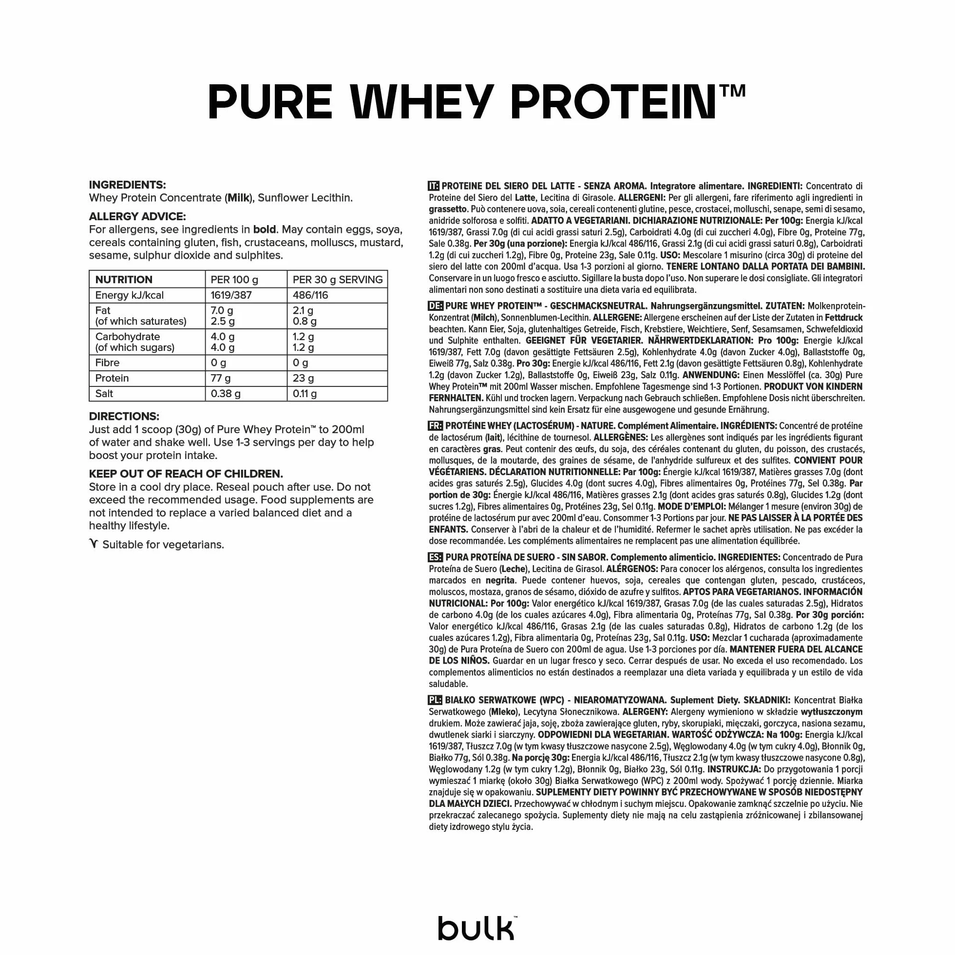 Bulk Pure Whey Protein, Bez dodatków smakowych, 2.5kg, 83 porcji