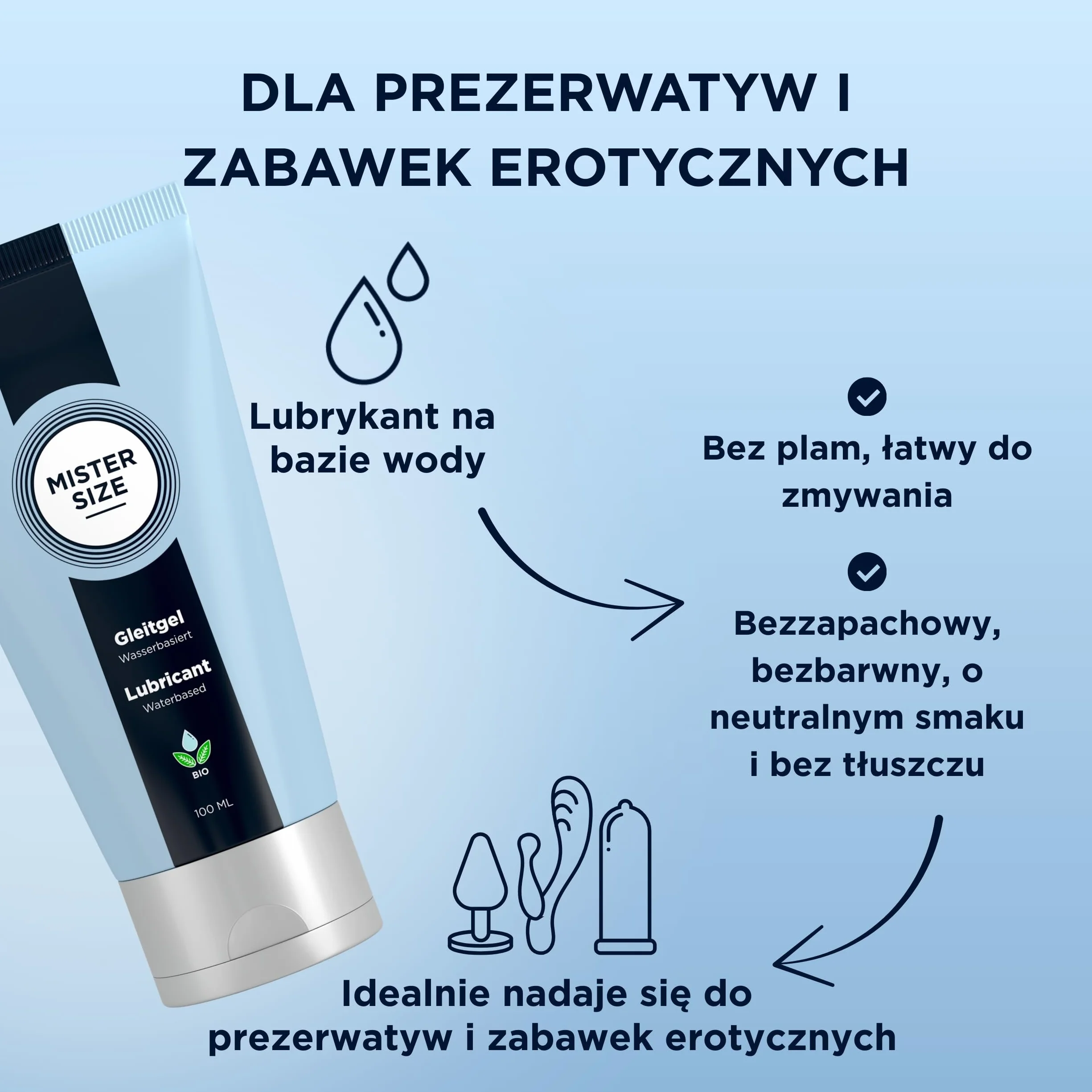 MISTER SIZE Bio lubrykant (100 ml), lubrykant na bazie wody, wyjątkowo długotrwałe nawilżenie