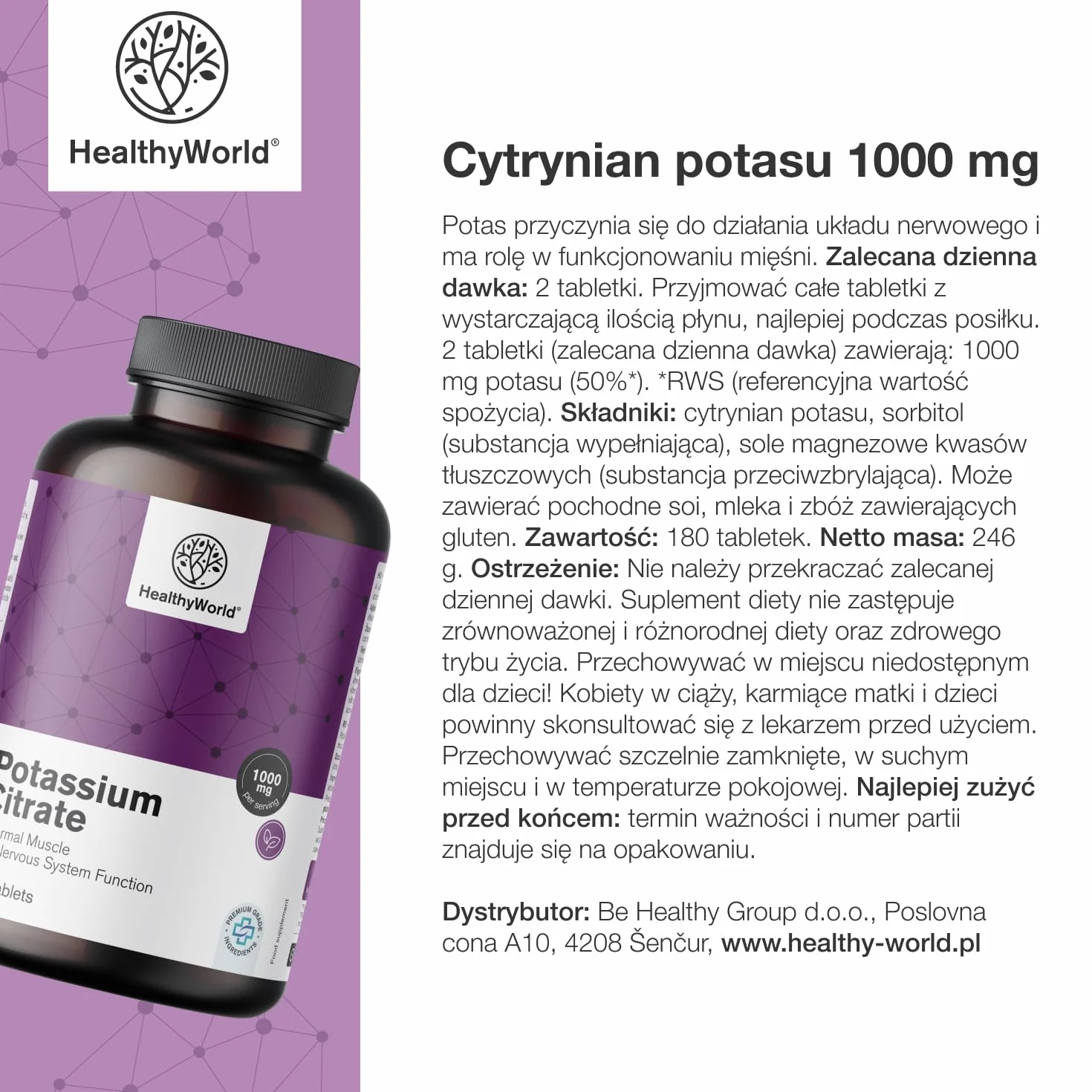 HealthyWorld Cytrynian potasu 1000 mg 180 tabletek – Wsparcie dla mięśni, układu nerwowego i ciśnienia krwi