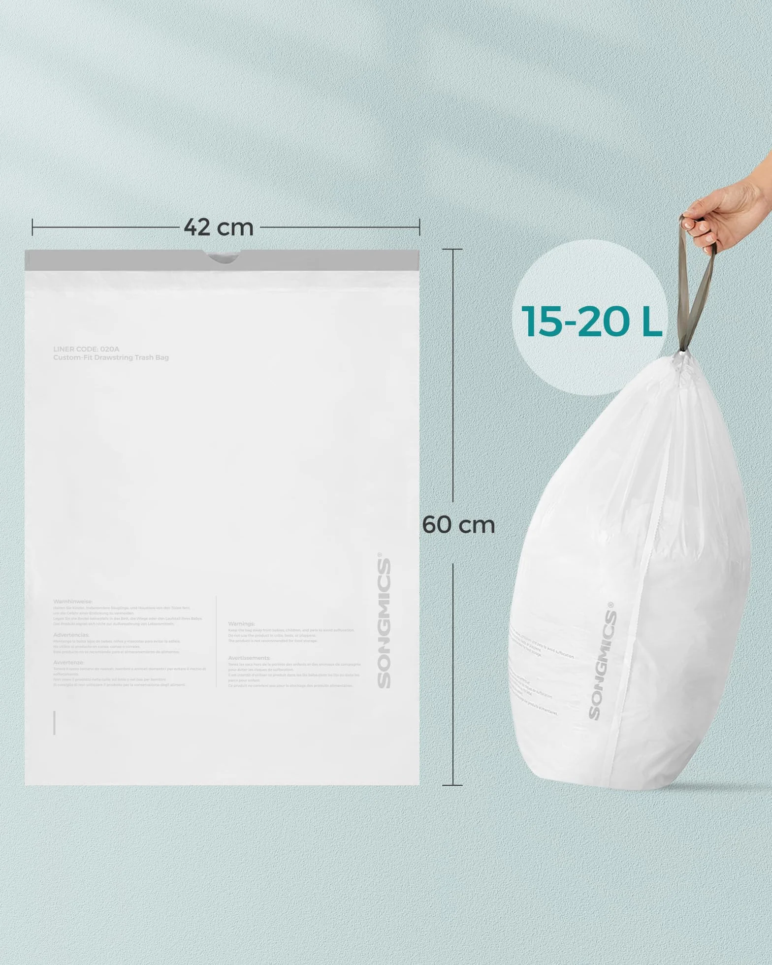 SONGMICS Worki na śmieci ze sznurkiem 15-20 litrów 80 sztuk biały