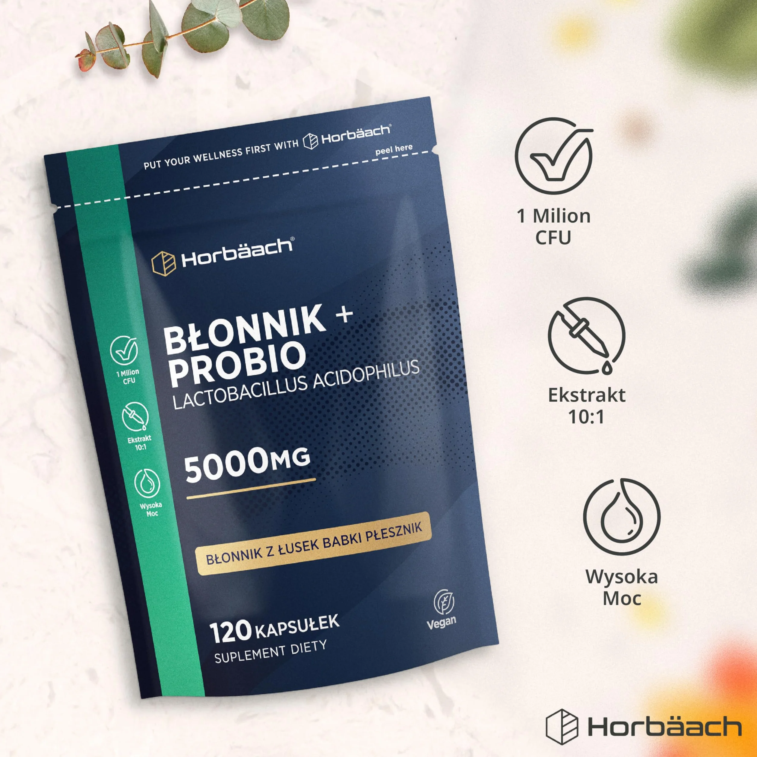 Błonnik z ProBio Kapsułki 5000mg | Wysokiej Mocy Z Łusek Babki Płesznik | Naturalny Suplement z Rozpuszczalnym Błonnikiem i Probio Lactobacillus Acidophilus | 120 Kapsułek Wegańskich | marki Horbaach