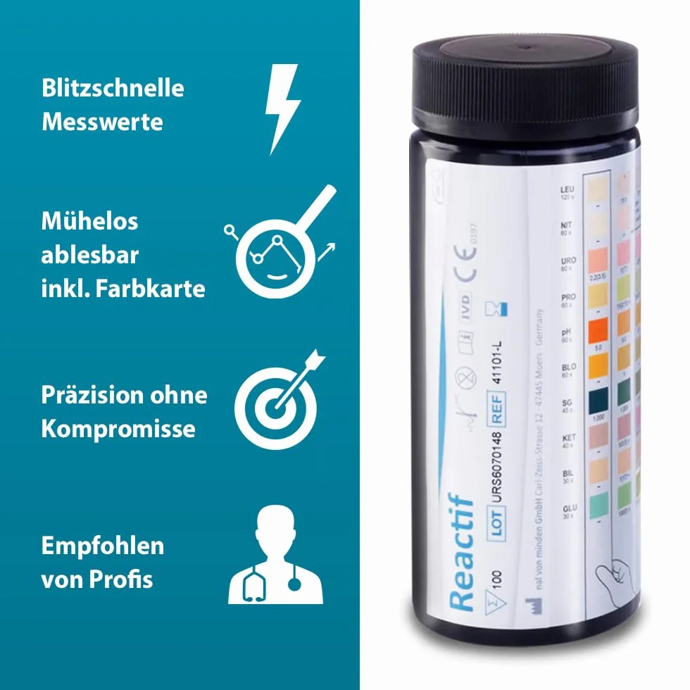 Test zdrowia Reactif: Test moczu 10 parametrów - 100 pasków testowych do moczu | Analiza moczu | Test szybki z skalą kolorów