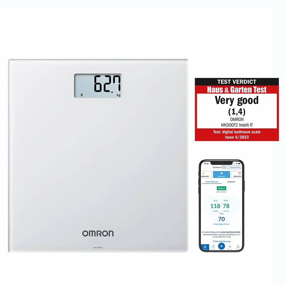 OMRON HN300T2 Intelli IT – inteligentna waga łazienkowa z Bluetooth do pomiaru masy ciała i BMI, z aplikacją na smartfona do śledzenia postępów