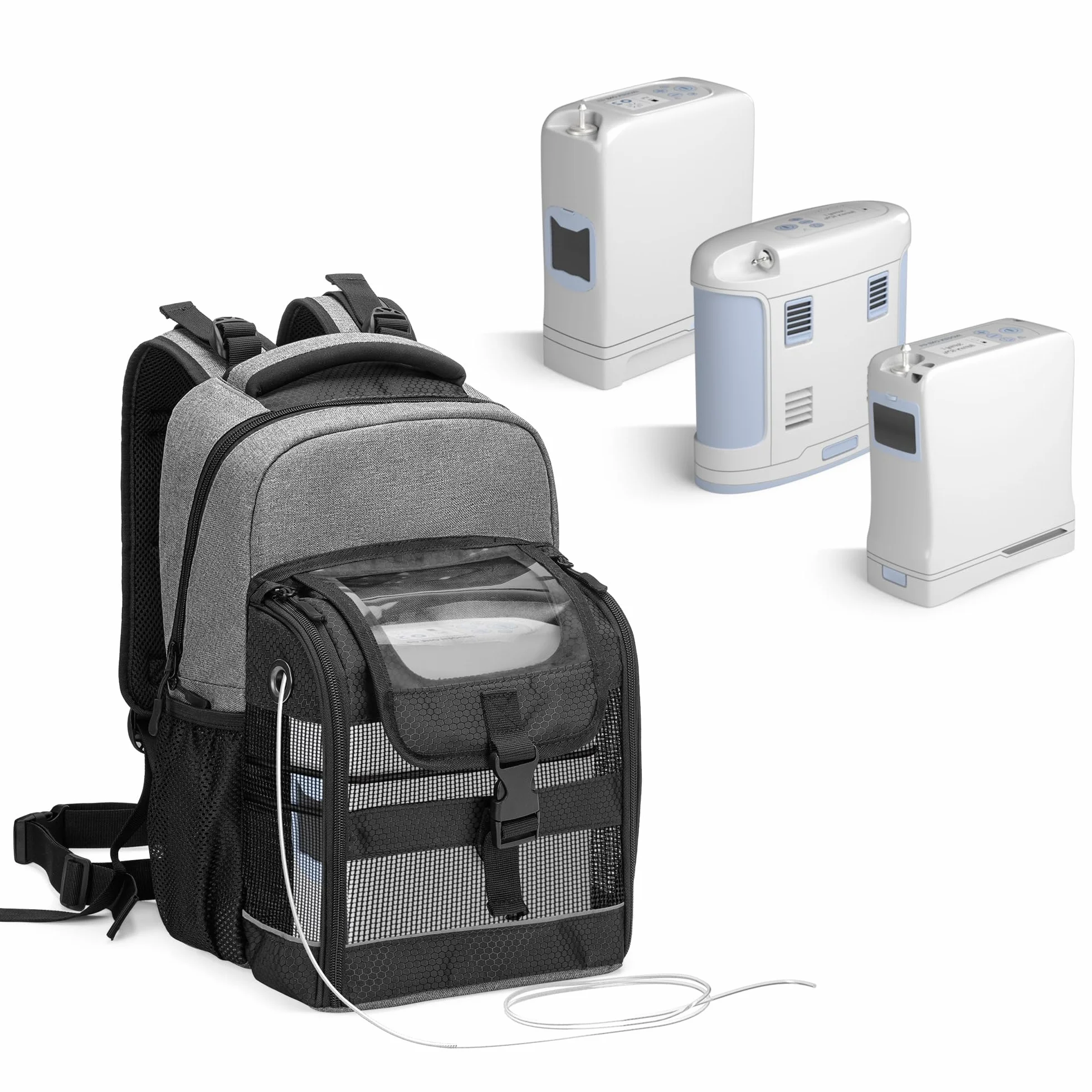 Trunab Plecak z Przenośnym Koncentratorem Tlenu, Torba Transportowa POC z Przezroczystą Osłoną, Wiele Kieszeni Kompatybilnych z Inogen One, Caire Freestyle Comfort, Oxygo, Jak Również SimplyGo Mini, Opatentowana Konstrukcja, Szary