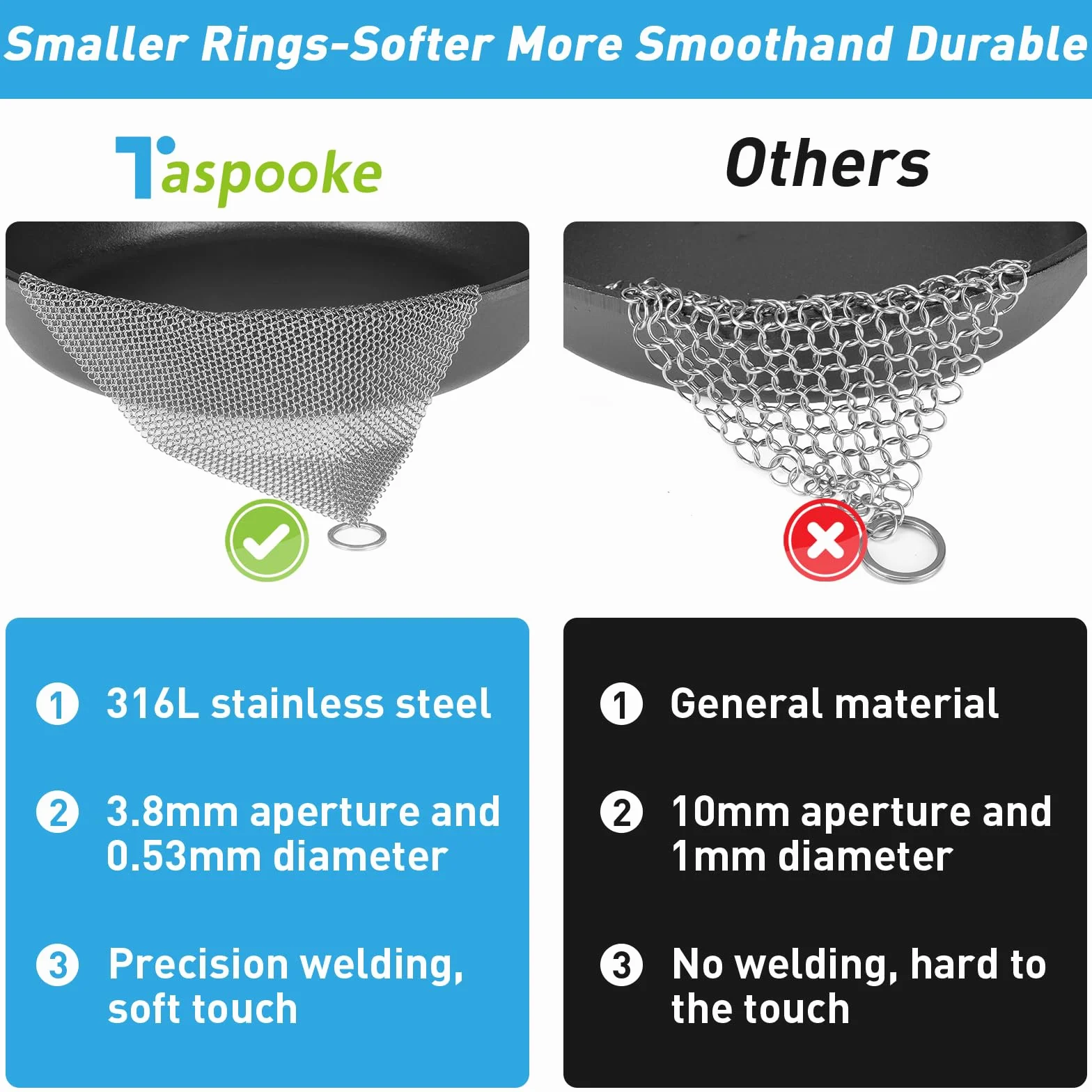 Scrubber żeliwny, skrobak ze stali nierdzewnej 316L, ulepszona szorowarka kolczuga 3,8 mm, do wstępnie sezonowanego garnka, holenderskiego piekarnika, gofrownicy, żeliwna patelnia, szklany