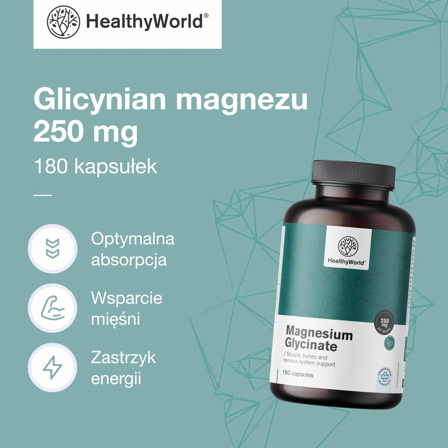 HealthyWorld Glicynian magnezu 250 mg 180 kapsułek roślinnych 125 mg magnezu na kapsułkę