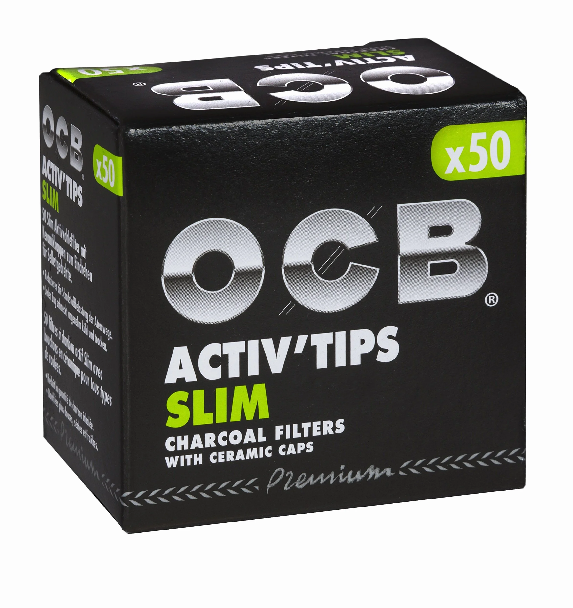 OCB ActivTips Slim 7 mm filtr z węglem aktywnym z ceramicznymi nasadkami, 5 x 50 sztuk, srebrny, mały