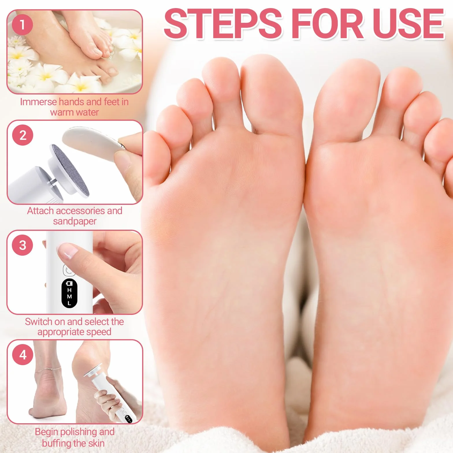 Elektryczny Usuwacz Zrogowaciałej Skóry, 2 w 1 Zestaw do Pedicure z 6 Regulacjami, Ładowanie przez Podstawkę, dla Spękanych Pięt, Zrogowaceń i Twardej Skóry