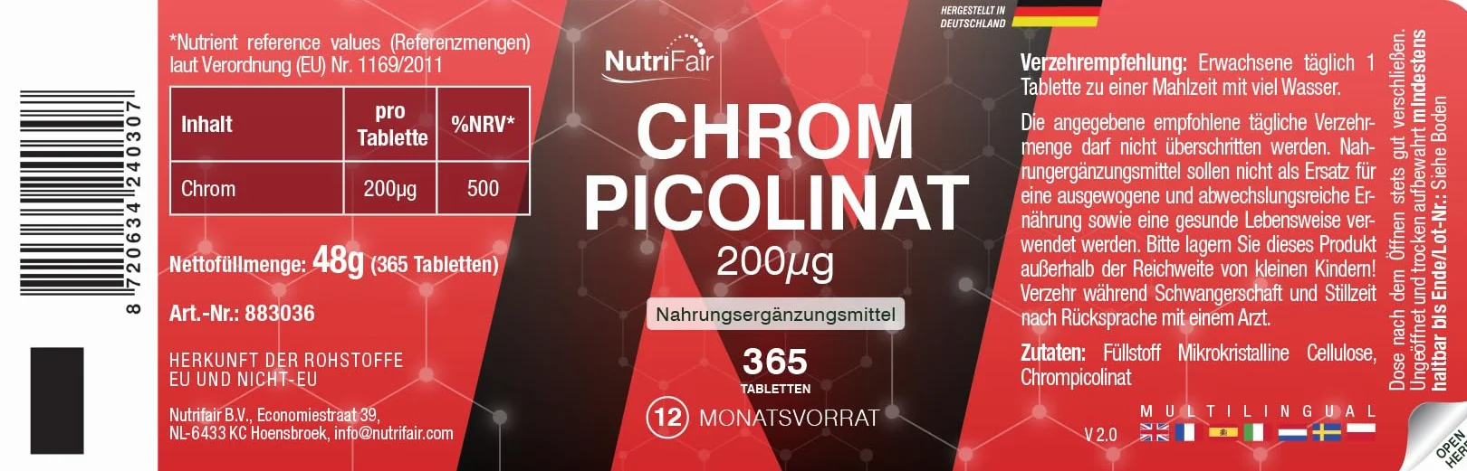 Pikolinian chromu 200μg 365 tabletek NutriFair normalny poziom cukru we krwi wegański