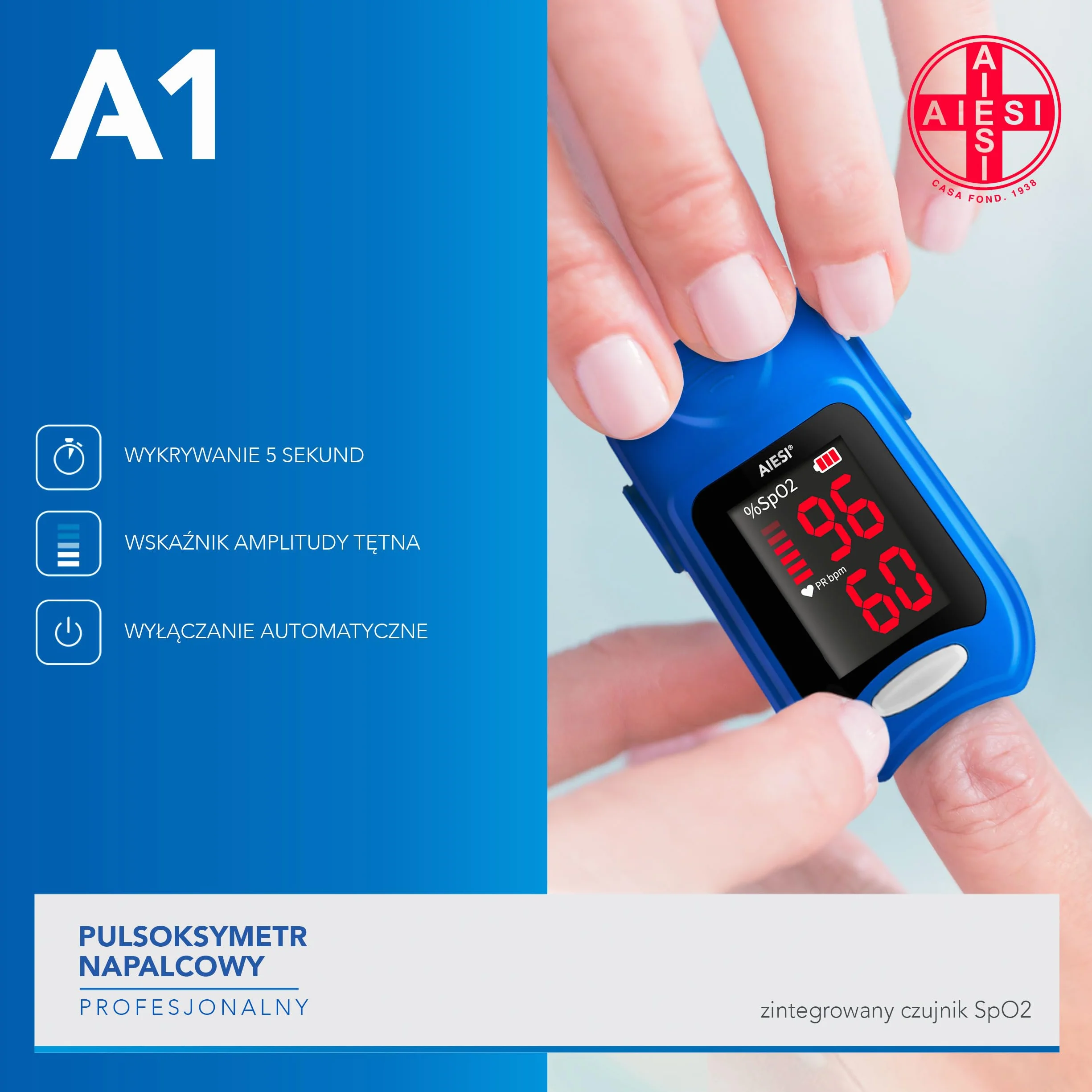 AIESI® Profesjonalny pulsoksymetr napalcowy z certyfikatem Pulsoksymetr z wyświetlaczem LED o wysokiej jasności A1, baterie, etui, instrukcja w języku włoskim, 24-miesięczna gwarancja włoska