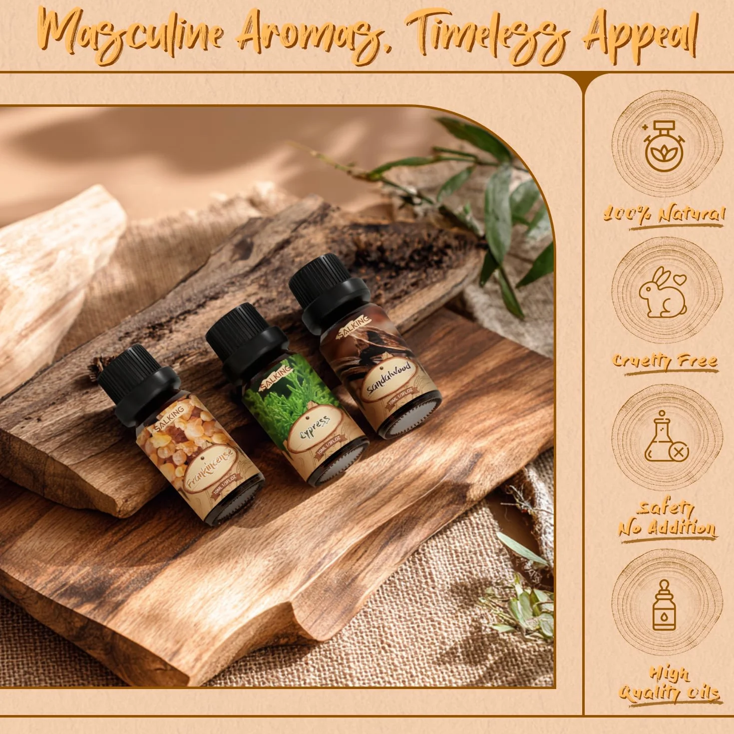 SALKING Drewniany zestaw olejków eterycznych, aromaterapii, zestaw prezentowy, naturalne olejki zapachowe do mydła dyfuzora, świec, frankincense, cedrowego, drzewa sandałowego, drewna tekowego
