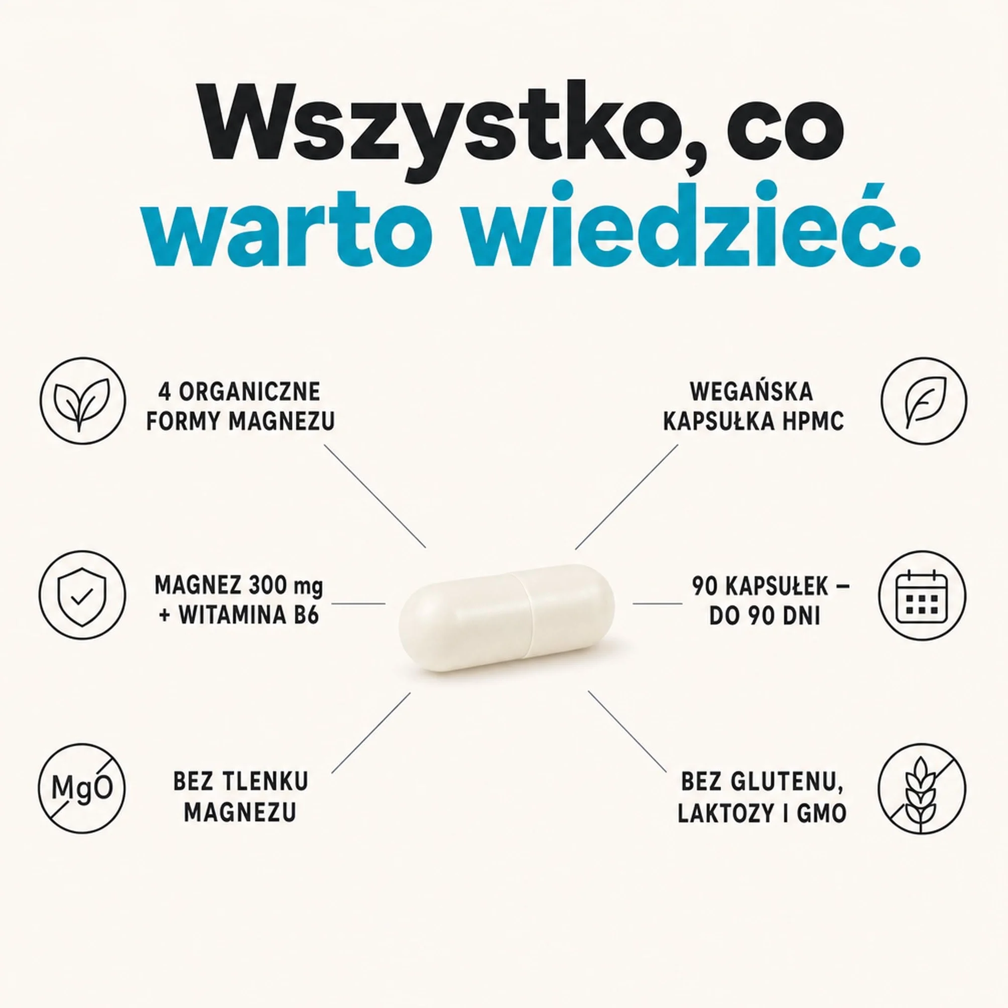 Magnez B6 – 4 Formy Organiczne: Taurynian, Cytrynian, Jabłczan, Mleczan – Przyczynia się do Prawidłowej Czynności Mięśni i Zmniejszenia Zmęczenia – Wegański, Bez Tlenku (90 Kapsułek)