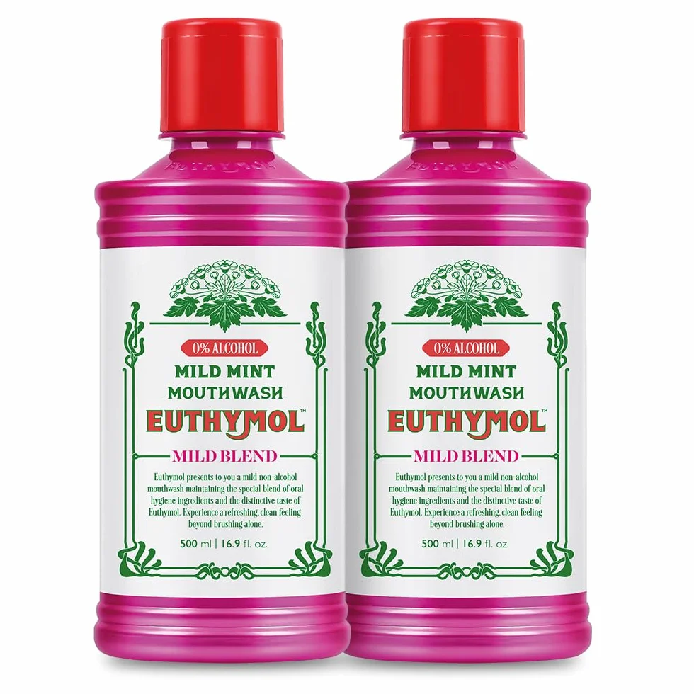 Euthymol Mouthwash Mild Mint 500 ml x 2, nie zawiera alkoholu, wyrazisty smak, redukcja płytki nazębnej dziąseł czystych dziąseł, odświeża odświeżająca oddech codzienna pielęgnacja zębów