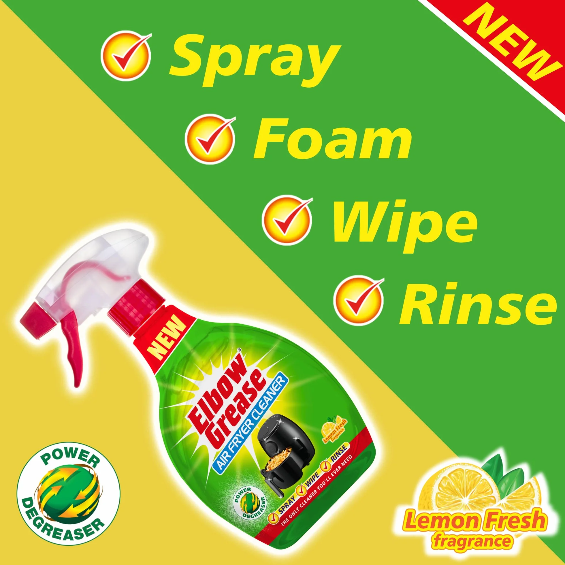 Elbow Grease Spray do czyszczenia frytkownicy powietrznej, spray, pianka, wycieranie, płukanie, przecina brud, tłuszcz i brud (świeży cytrynowy, 500 ml)