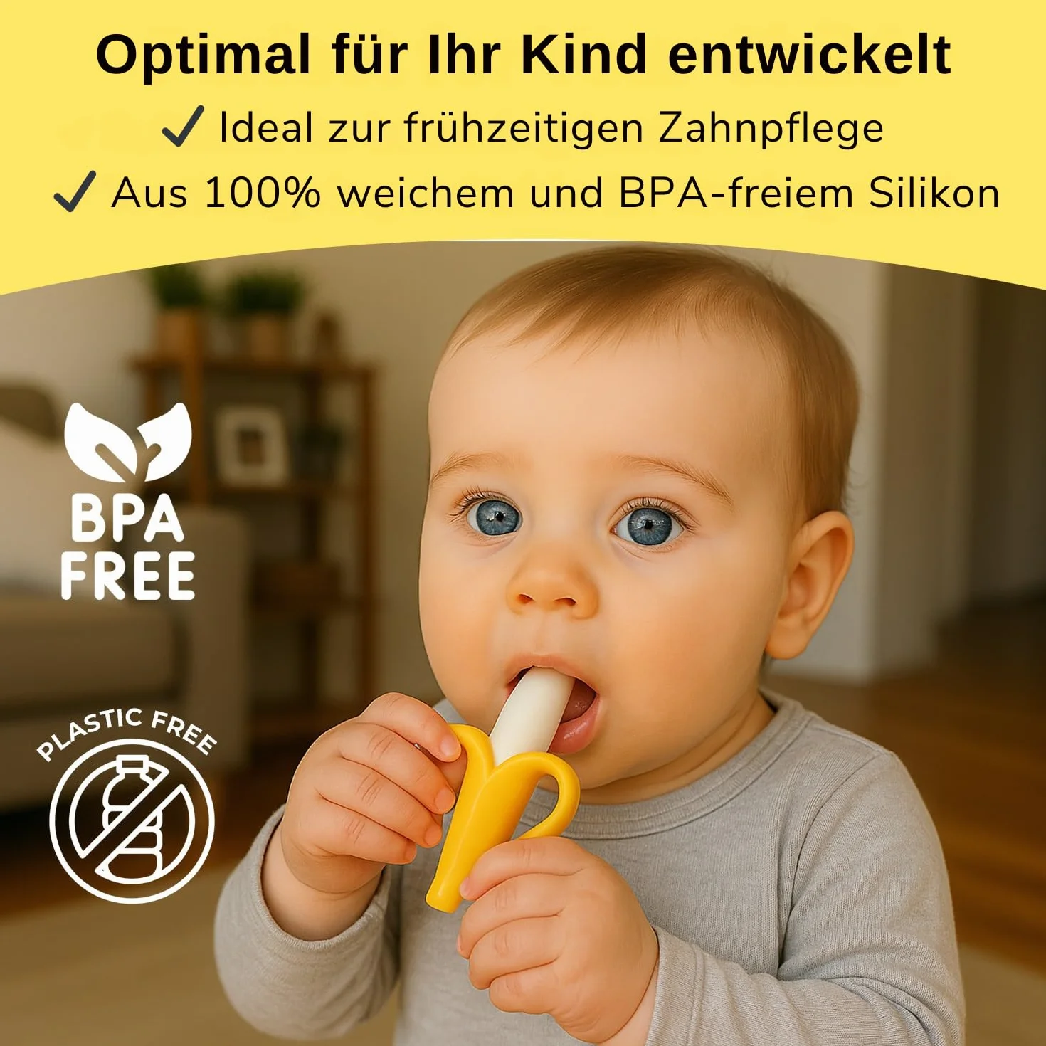 Bananowa szczoteczka do zębów i gryzak dla niemowląt – 2 w 1 wynalazek do mycia zębów i pomocy dentystycznej (żółty)
