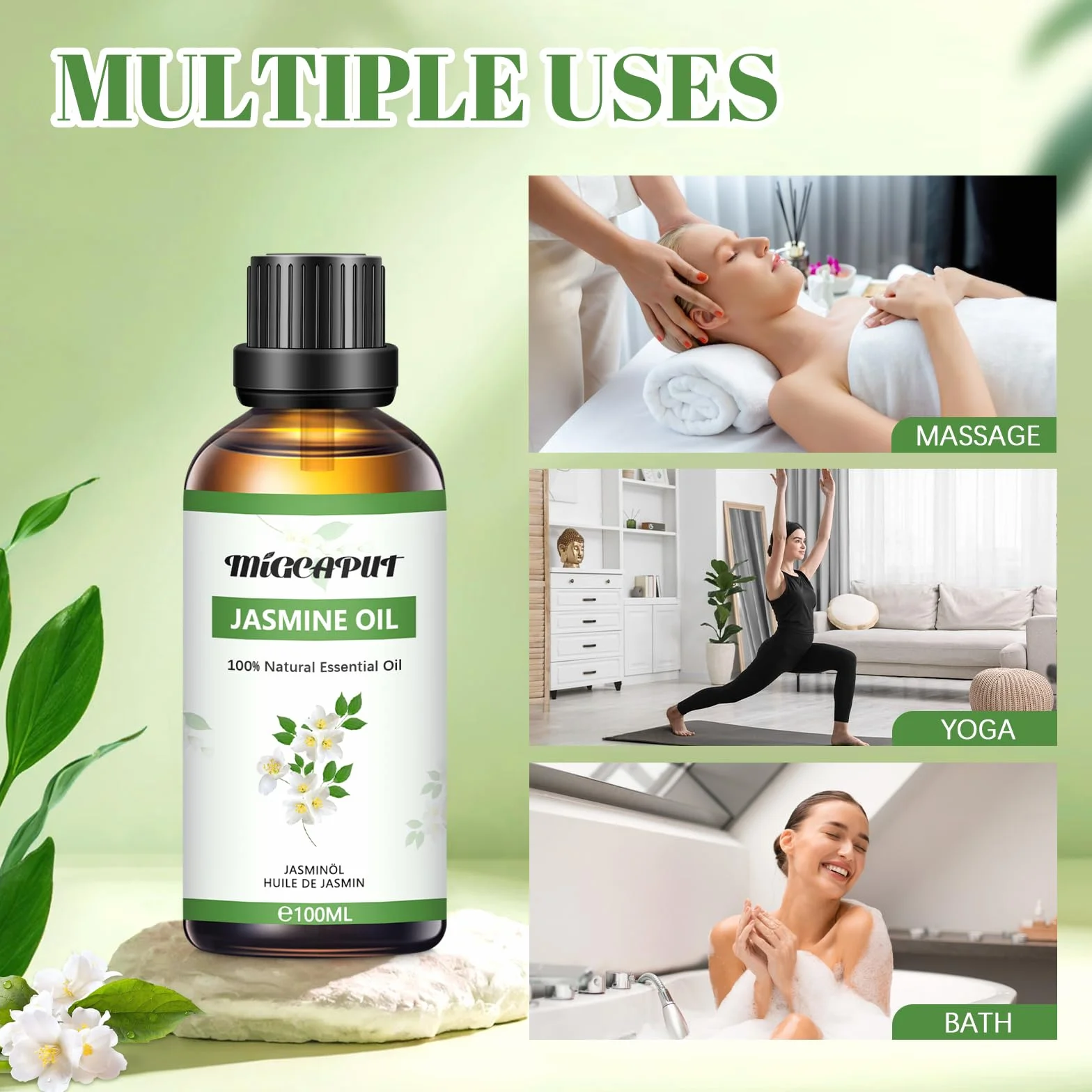 MIGCAPUT Olejek Eteryczny Jaśminowy 100ML, Naturalny Olejki Aromaterapeutyczny, Jaśminowy Olejek Zapachowy Premium do Dyfuzora, SPA, Masażu, Ręcznie Robione Mydło, Ręcznie Robione Świece