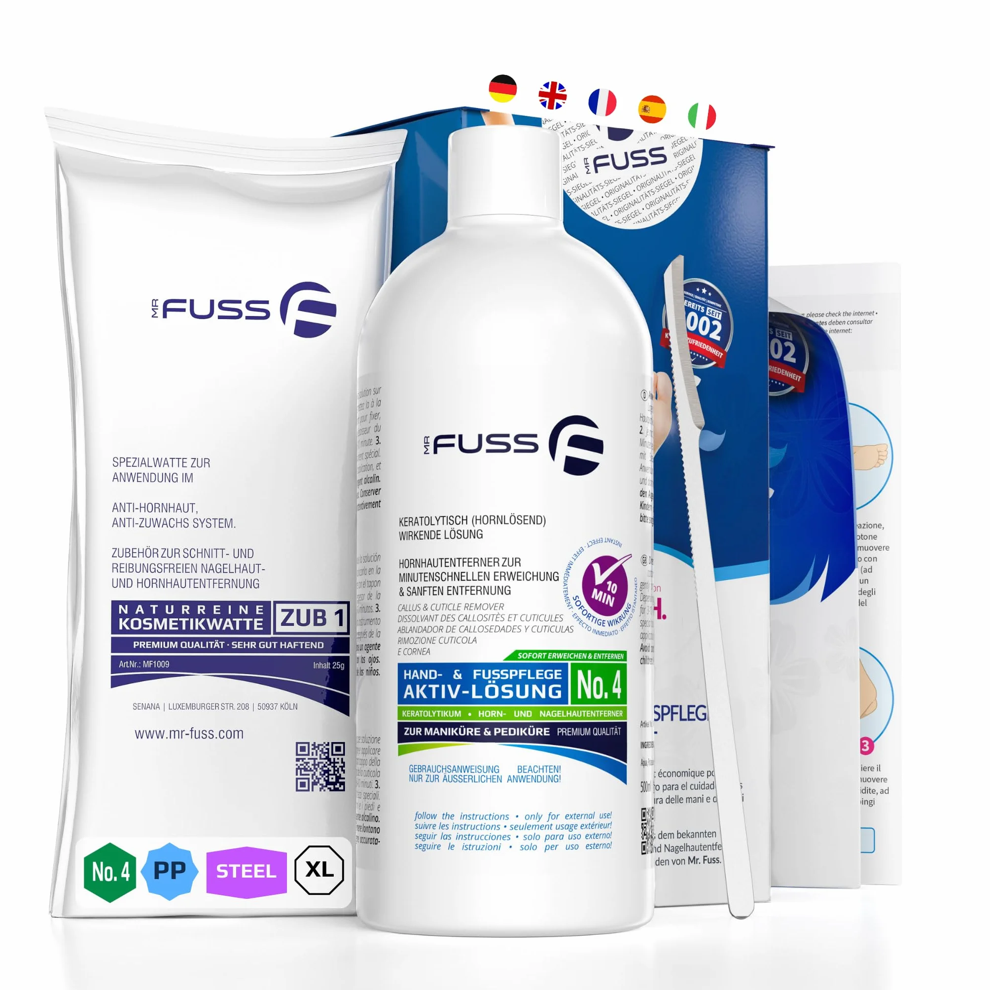 Mr. Fuss No. 4 - Plus Pack Steel - duży zestaw do usuwania skórek i zrogowaciałego naskórka zestaw ekonomiczny 3-częściowy aktywny roztwór szybko zmiękczający - 500 ml, wata, skrobak ze stali