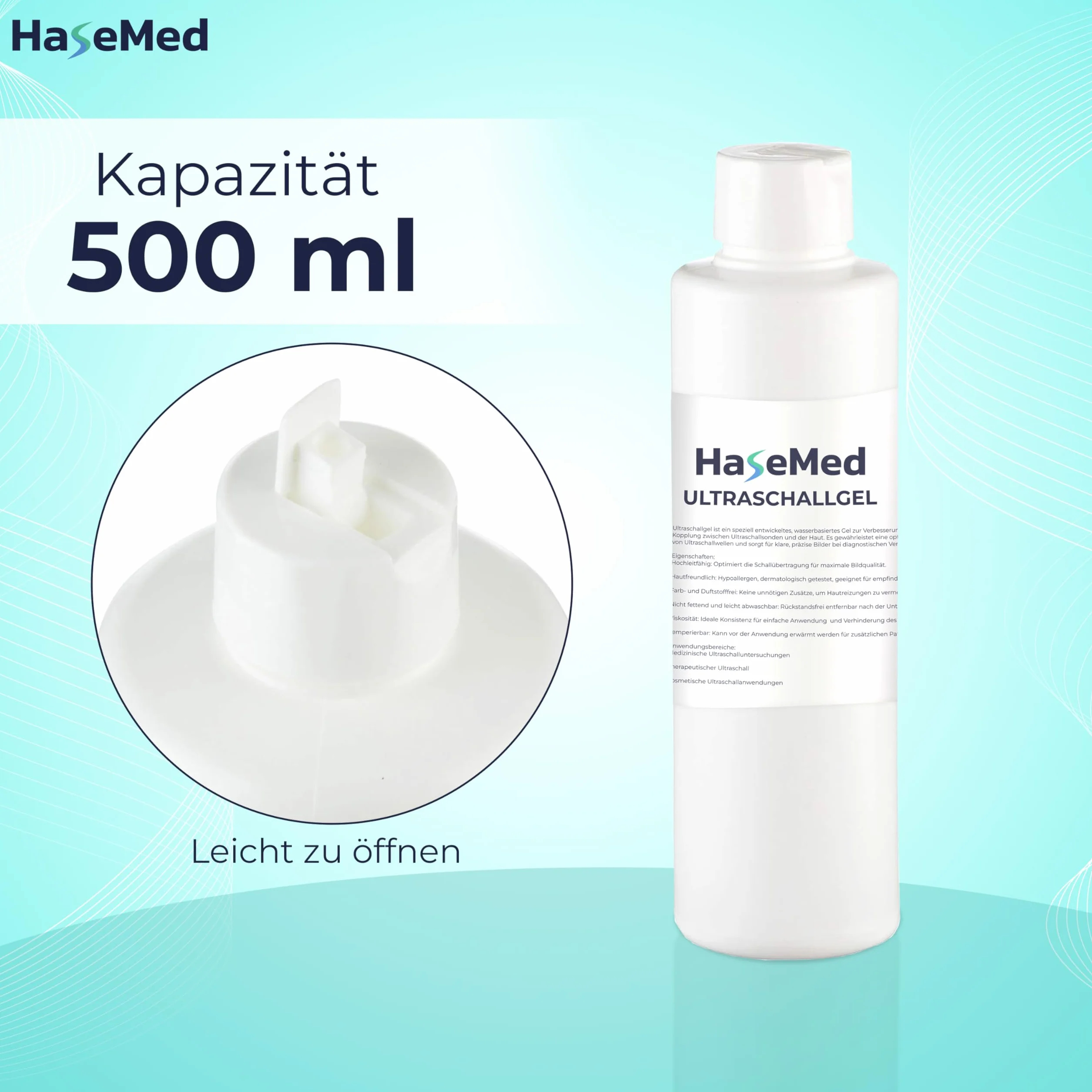 HaseMed żel ultradźwiękowy 500 ml, 1 sztuka – neutralny pH, przyjazny dla skóry i biokompatybilny żel zapewniający optymalną transmisję ultradźwięków. Idealny do badań ultrasonograficznych w praktyce